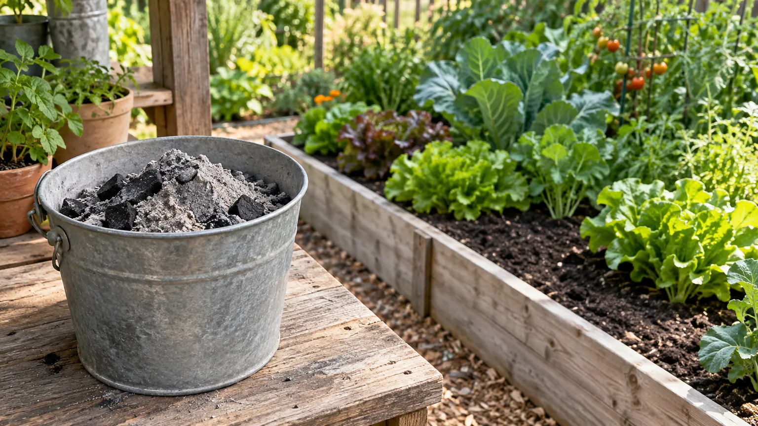 Contained coal ash beside a healthy vegetable garden bed