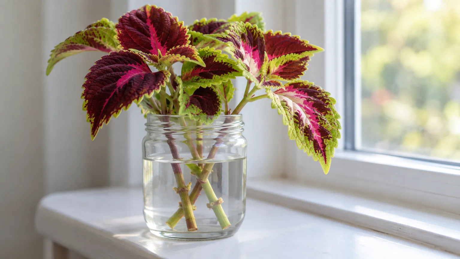Coleus stem cuttings rooting in water on a bright windowsill