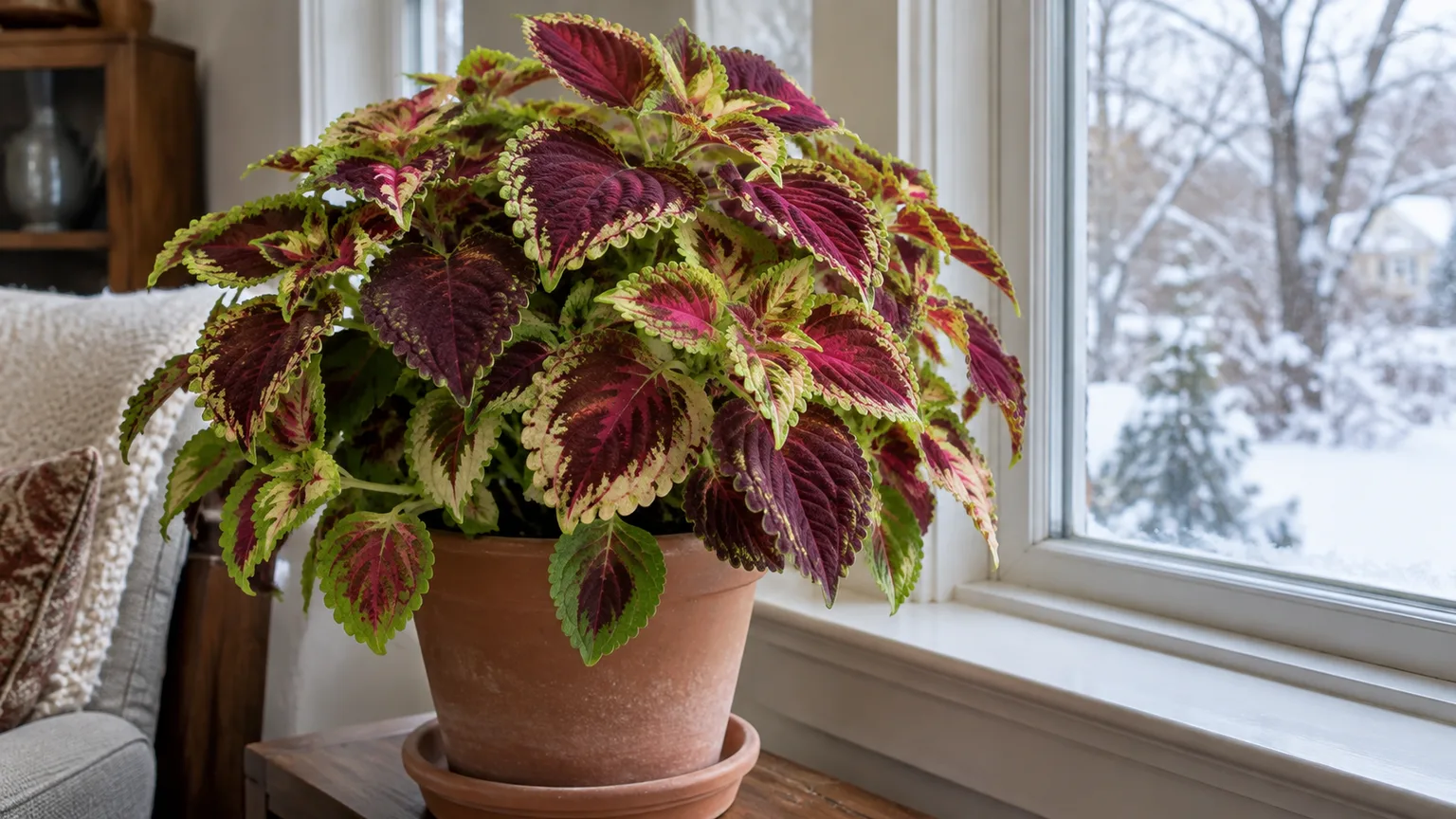 A colorful coleus in a pot beside a bright window for winter growing