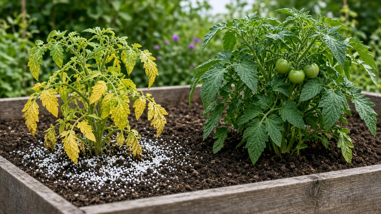 Tomato and pepper plants beside a garden fertilizer bag, illustrating a test-first amendment decision