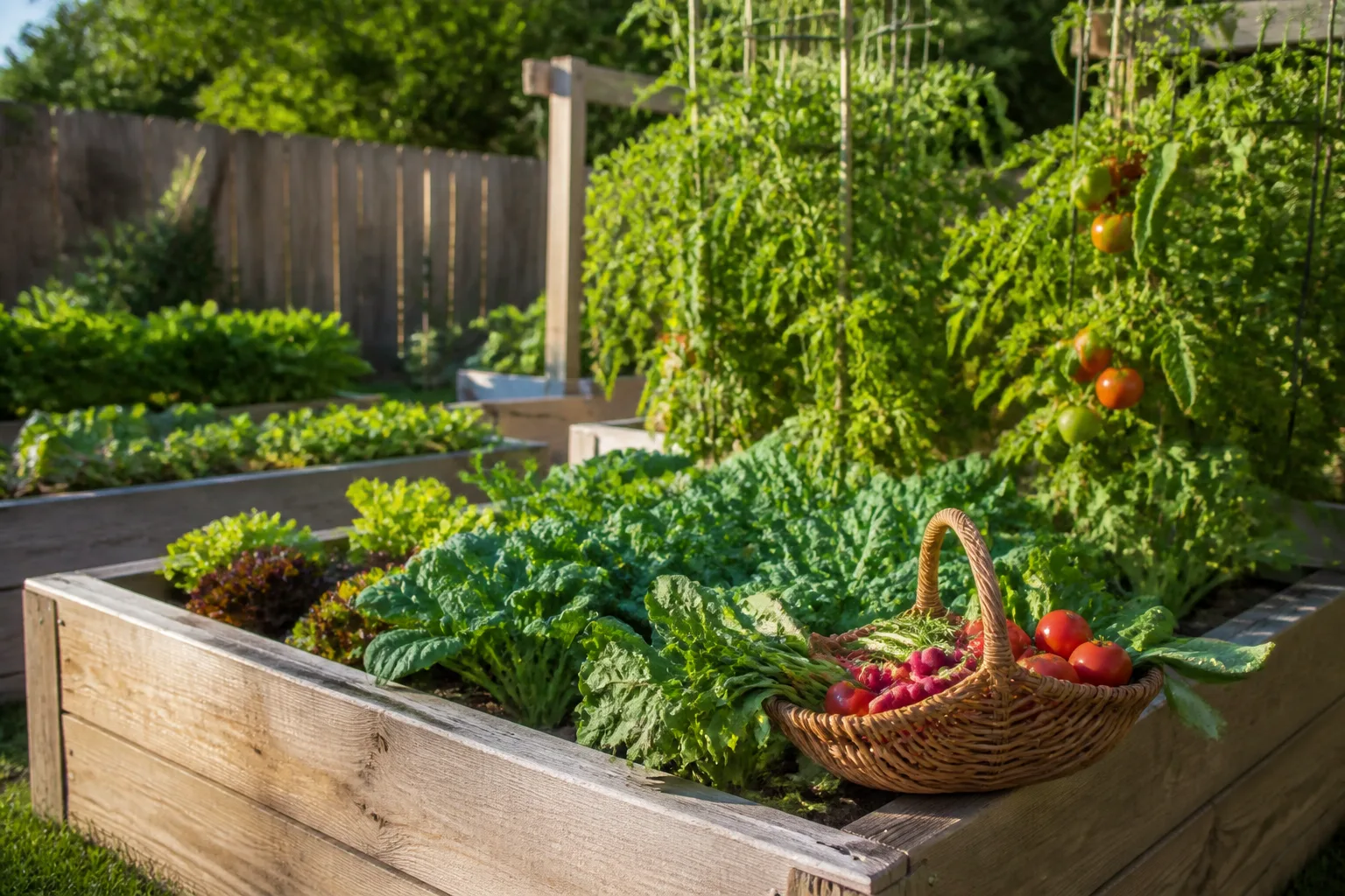 Raised vegetable garden with leafy greens, onions, and trellised tomato plants in wooden beds
