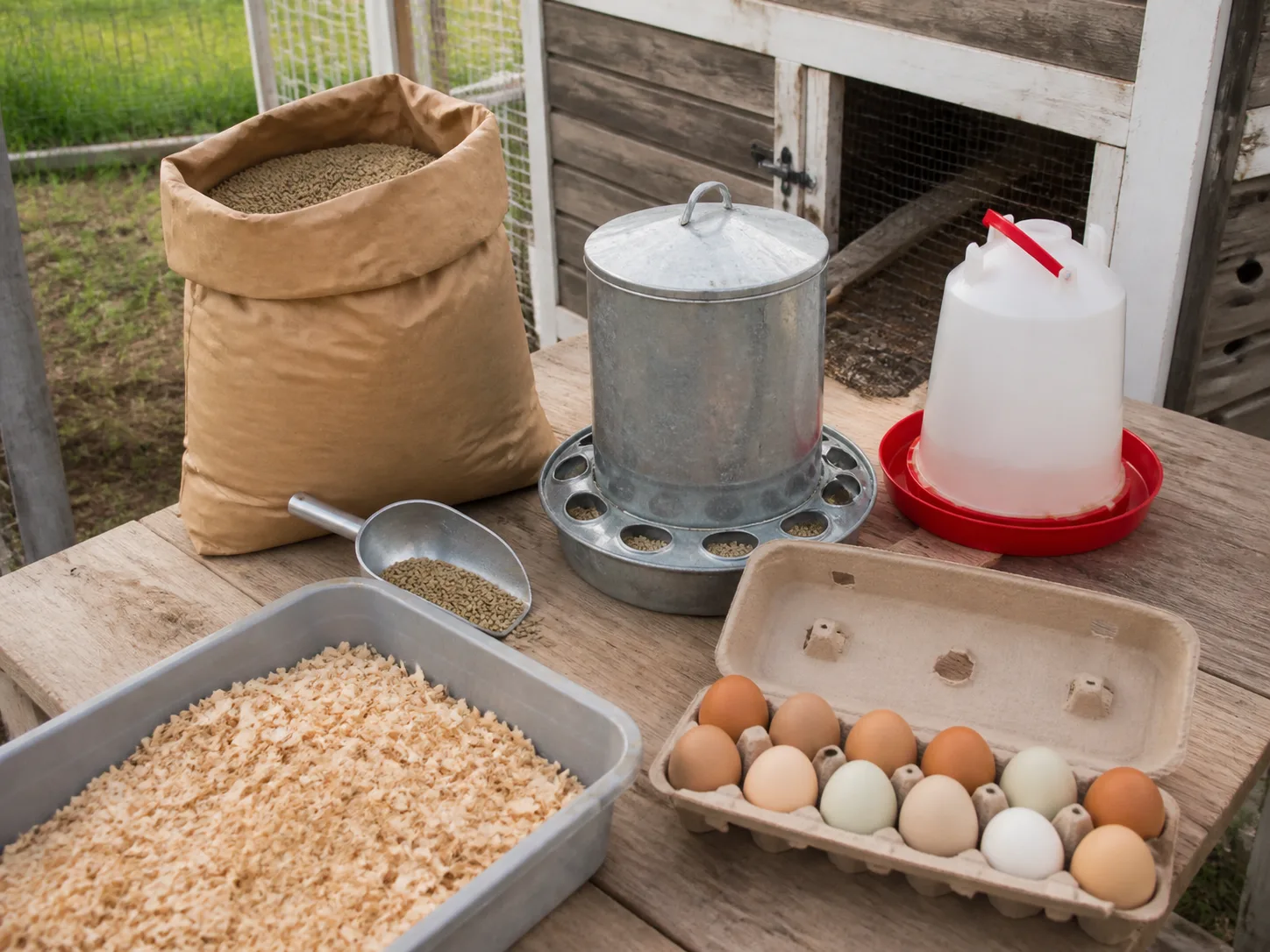 Layer feed, bedding, a waterer, and basic coop equipment arranged for a backyard flock cost audit