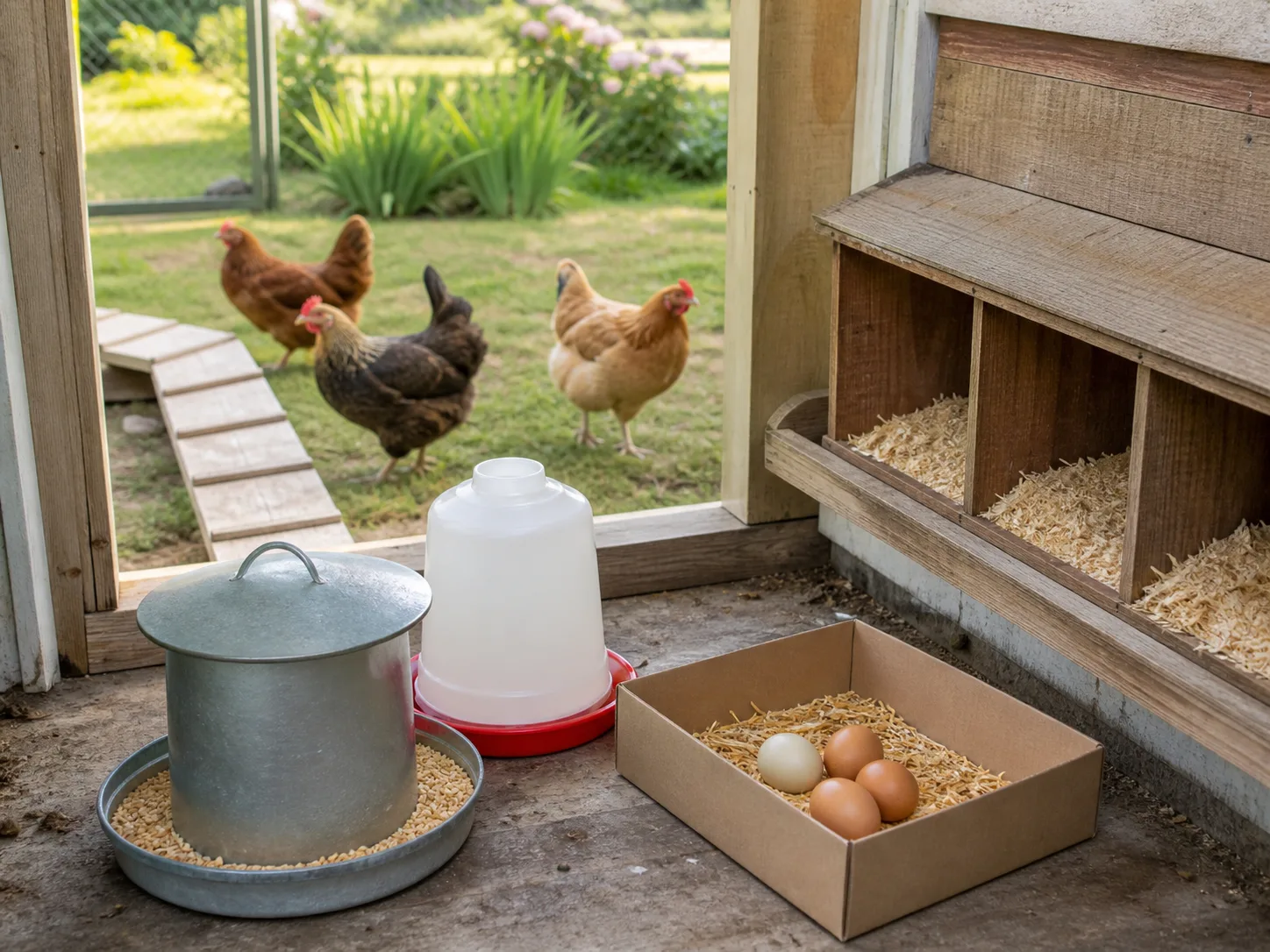 A daily-care station with clean water, a feeder, nesting boxes, and collected eggs beside a backyard coop