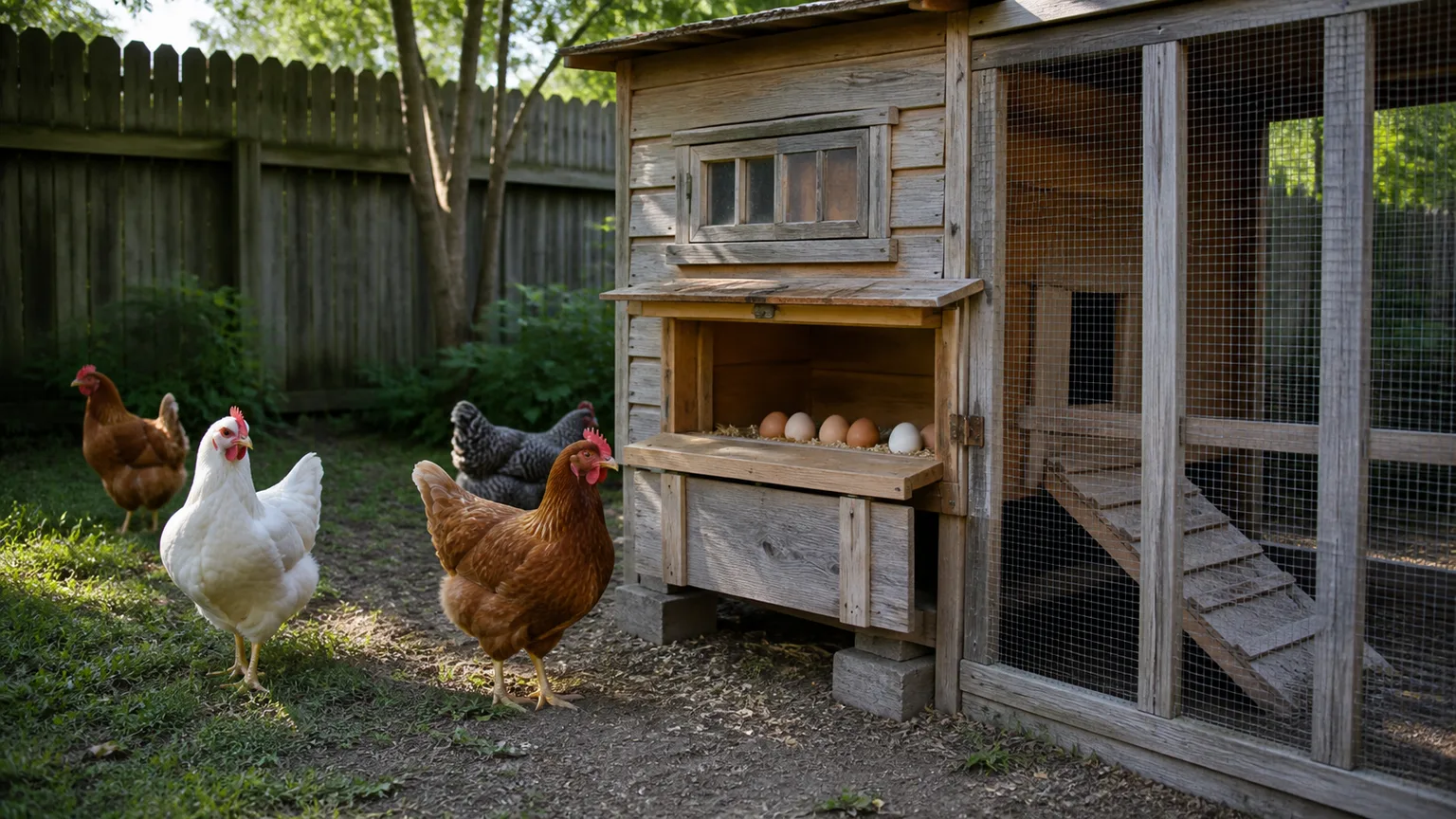 Healthy backyard laying hens beside a secure chicken coop and covered run