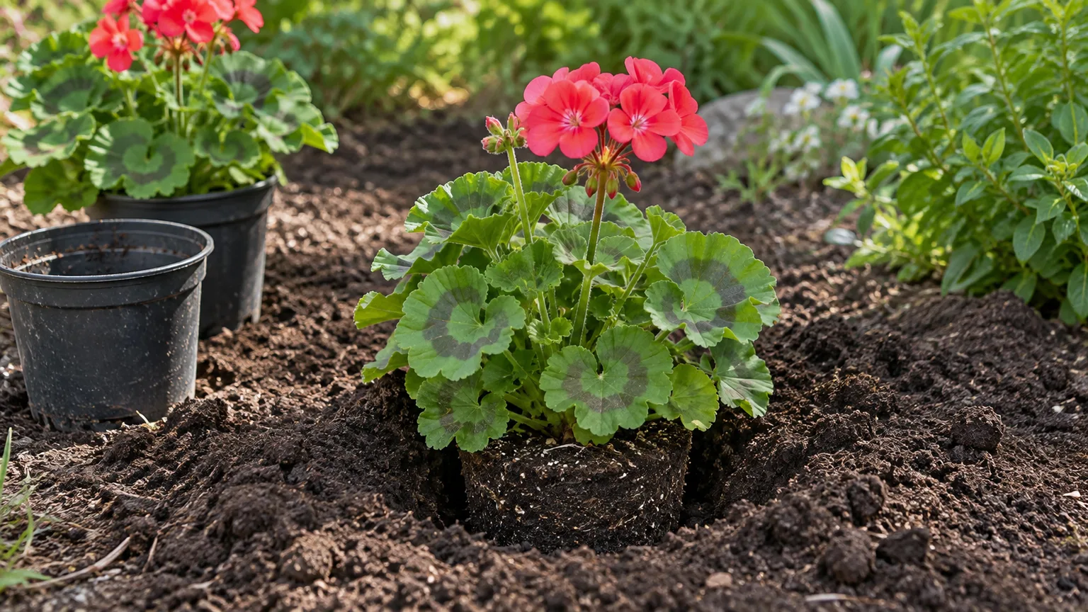 A tender geranium transplant being set into a garden bed
