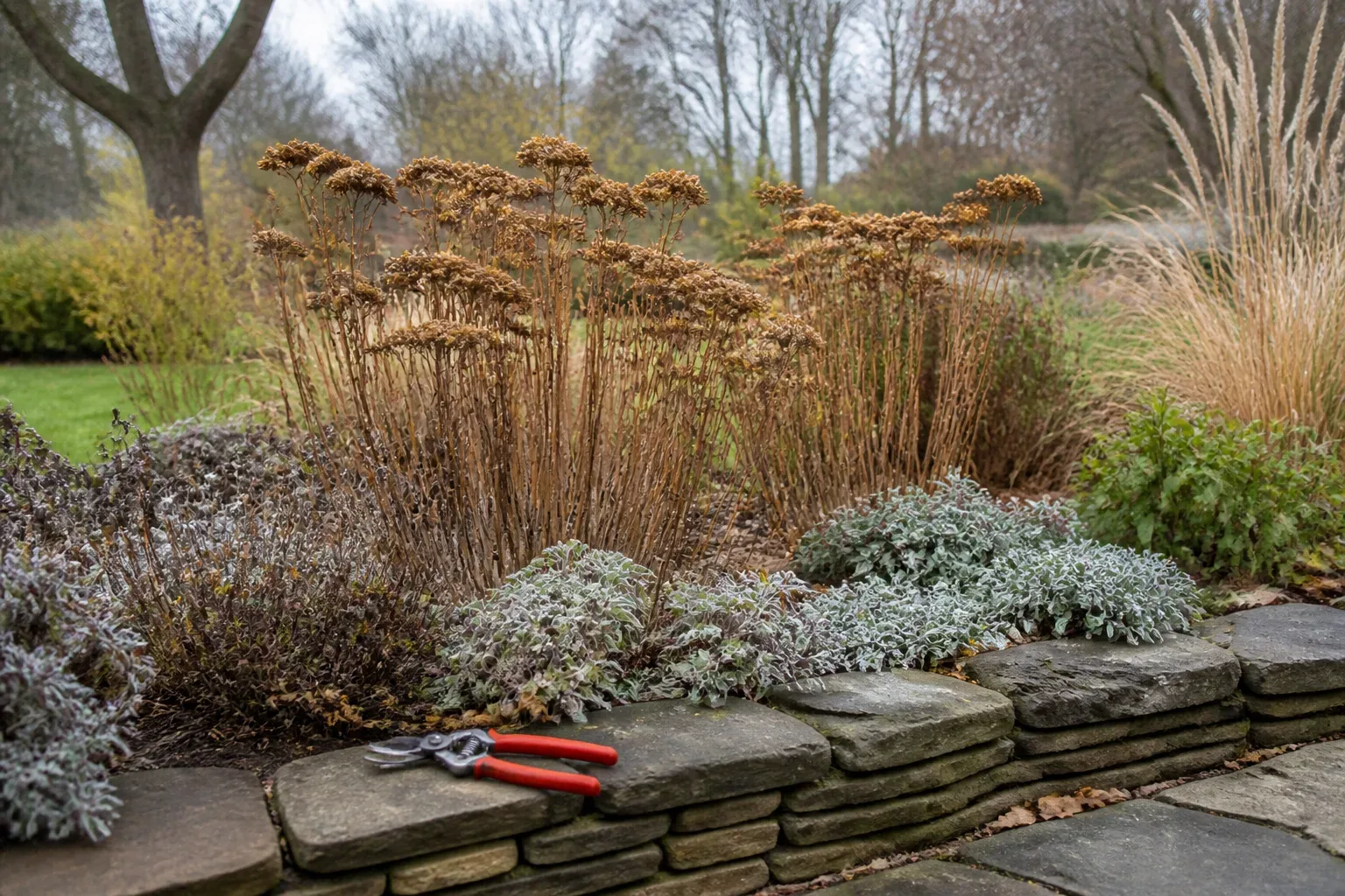 Late-season perennial border with coneflowers, asters, and standing seedheads in a November garden bed
