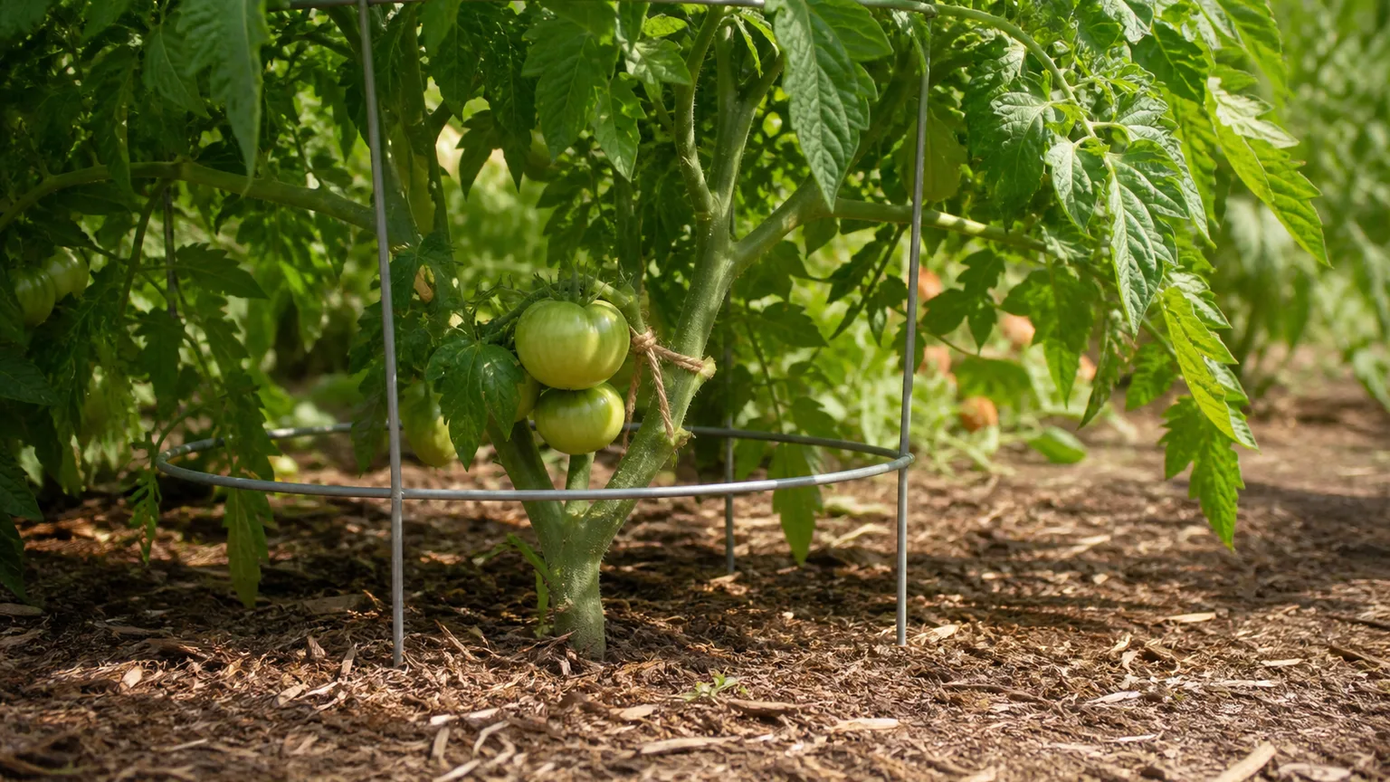 A supported tomato vine stays open above the mulch while green fruit remains shaded