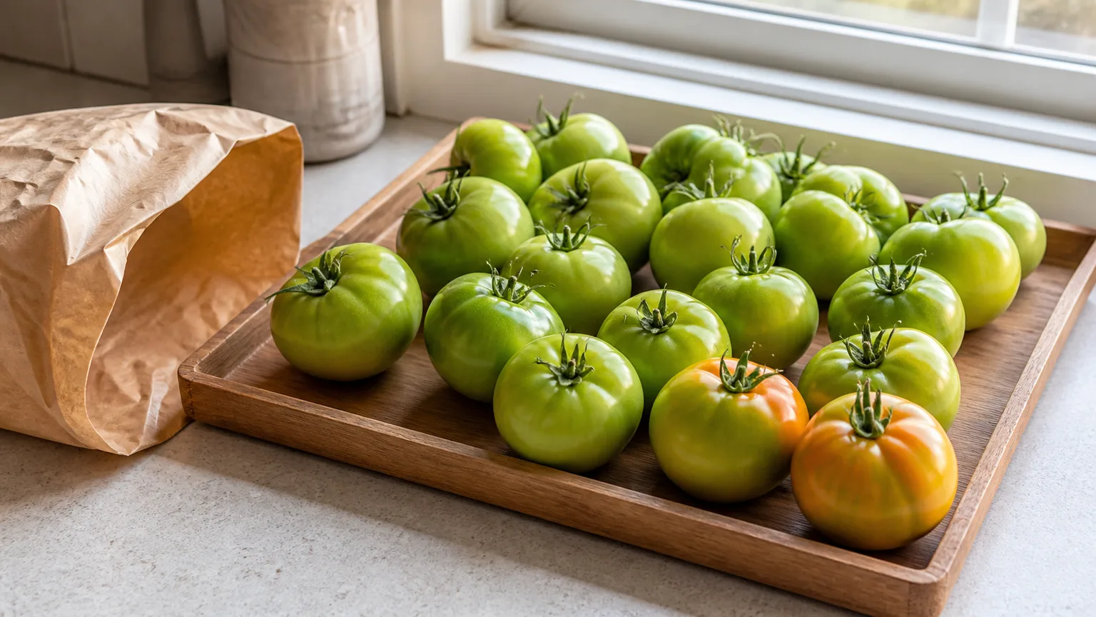 Mature green tomatoes rest in a single layer beside a paper bag for indoor ripening