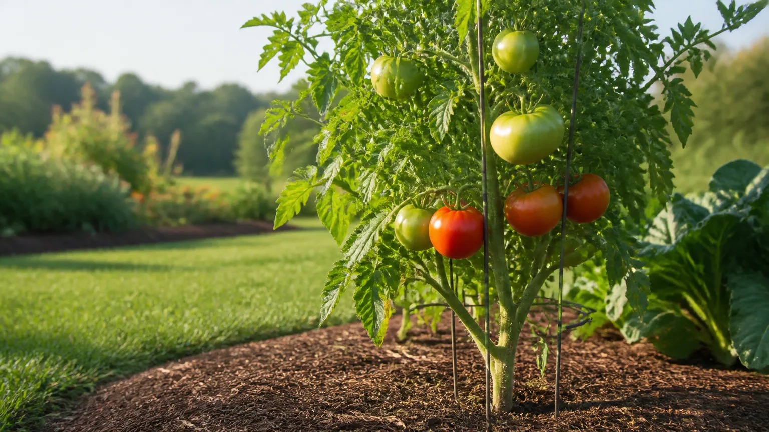 Mature tomato vine with red and green fruit supported in a sunny late-season garden