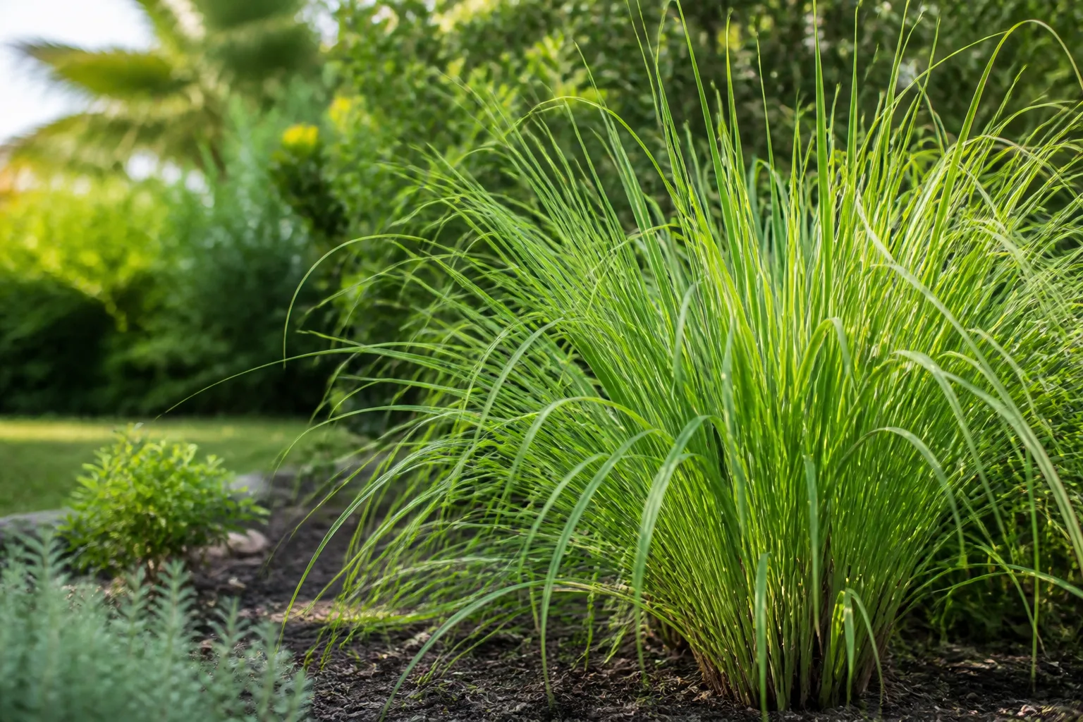 Lemongrass clump in a sunny garden bed with arching green blades