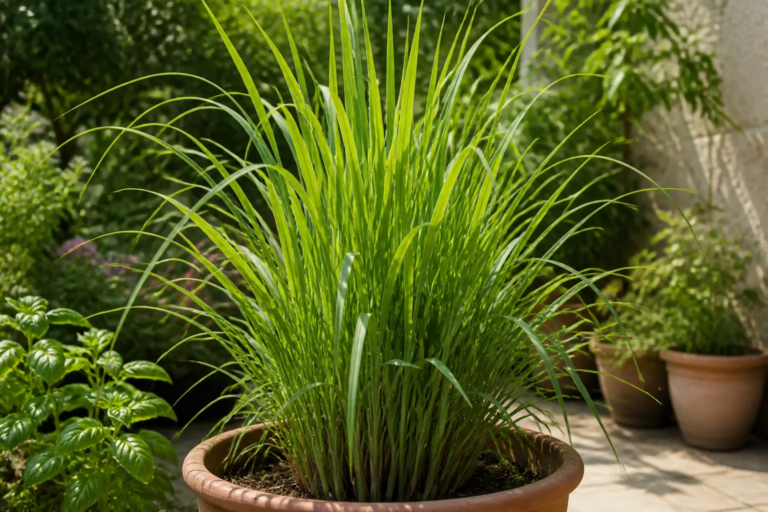 Culinary West Indian lemongrass clump with light green arching blades in a herb garden