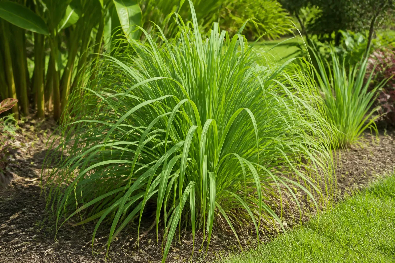 Healthy lemongrass clump in a sunny garden bed illustrating a frost-tender perennial grass