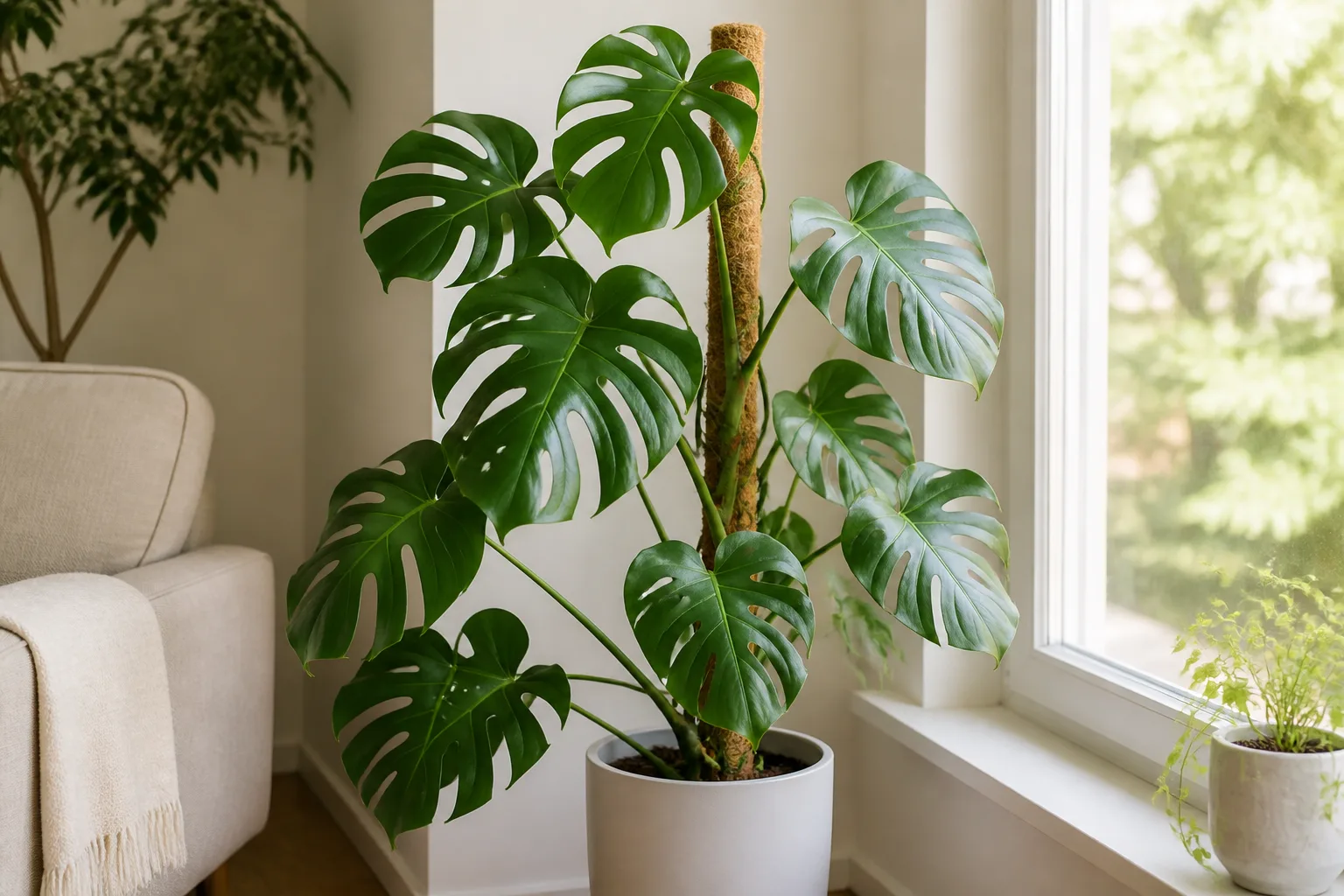 Monstera deliciosa floor plant beside a bright east-facing window with a moss pole support