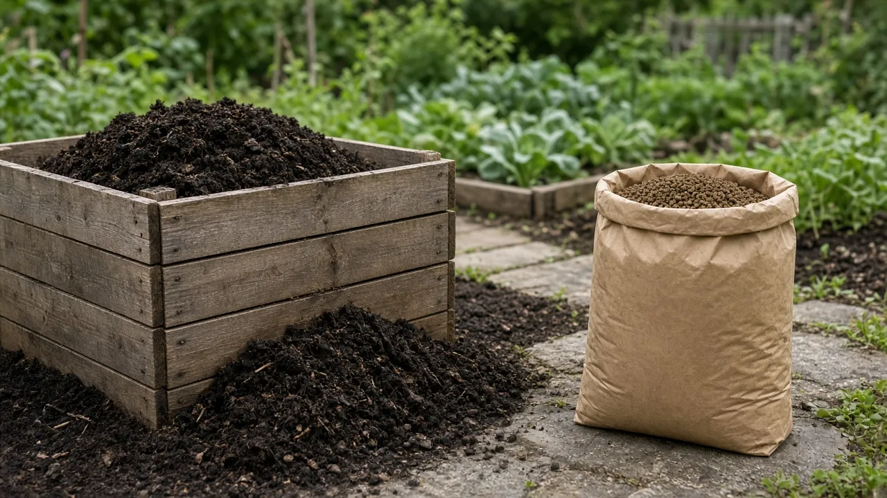 Backyard compost bin filled with leaves and kitchen scraps