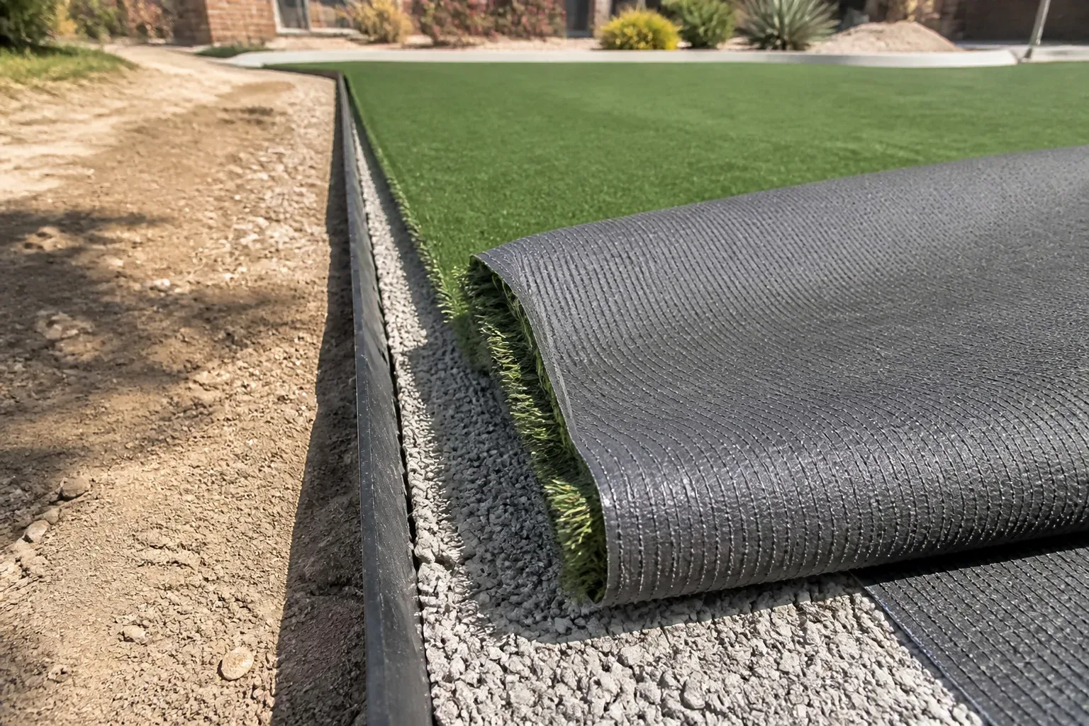 Compacted aggregate base and synthetic grass being installed over drainage edging
