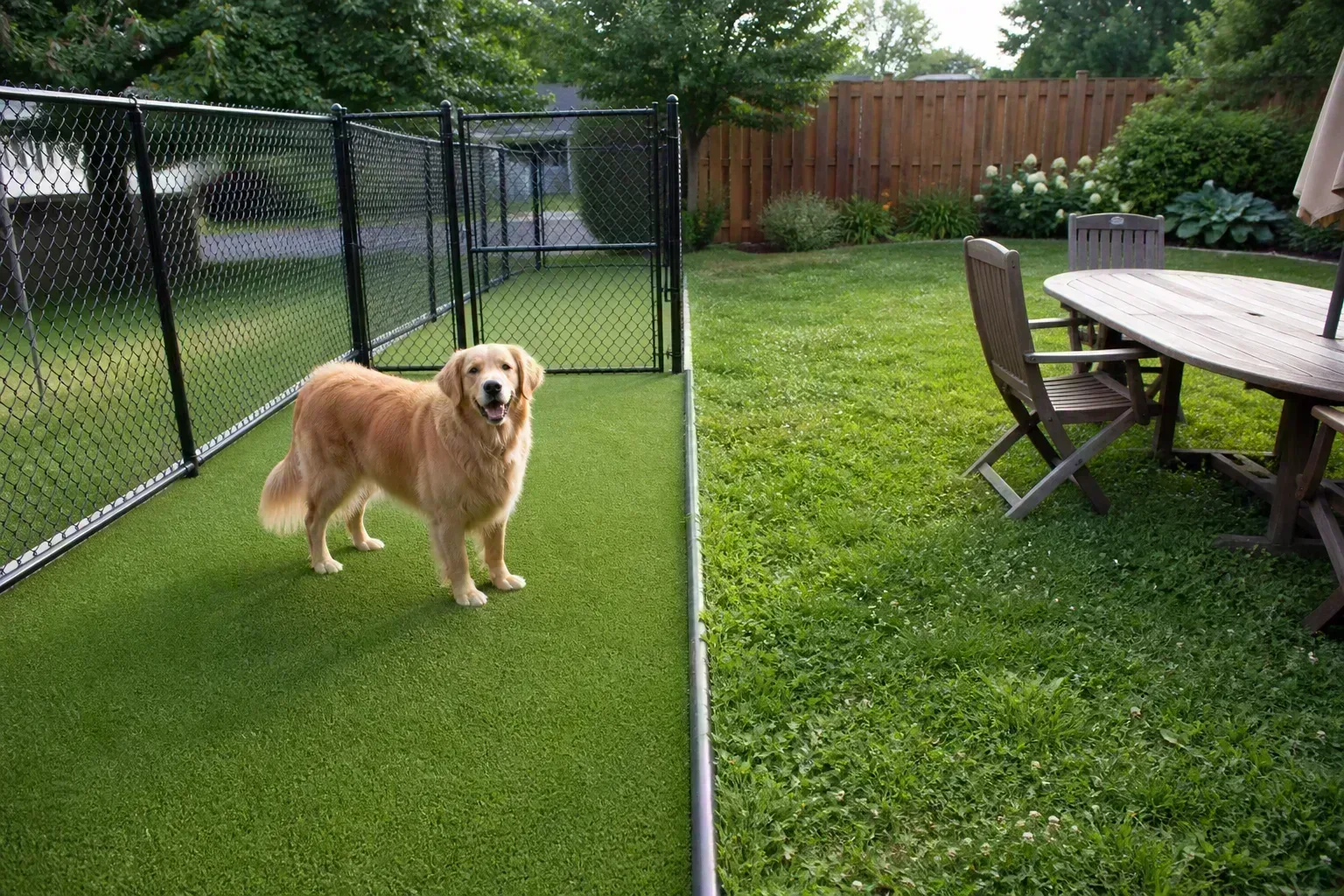Backyard split between synthetic turf dog run and adjacent natural grass lawn for comparison