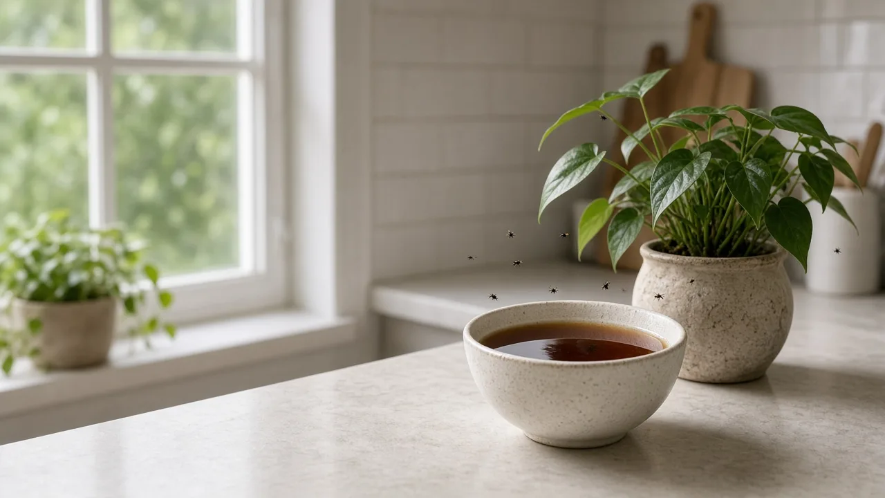 Vinegar bait beside a potted plant in a bright kitchen