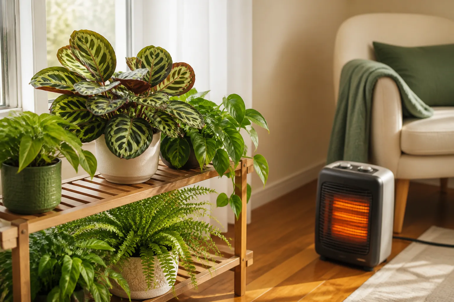 Houseplant shelf positioned away from a room heater with safe clearance in a winter indoor setup