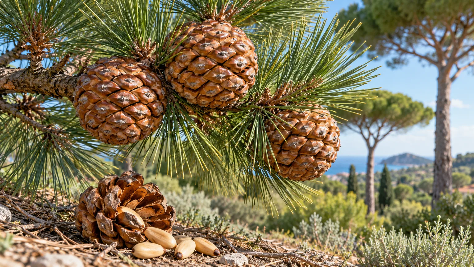 Large rounded stone pine cones and paired needles on a mature branch
