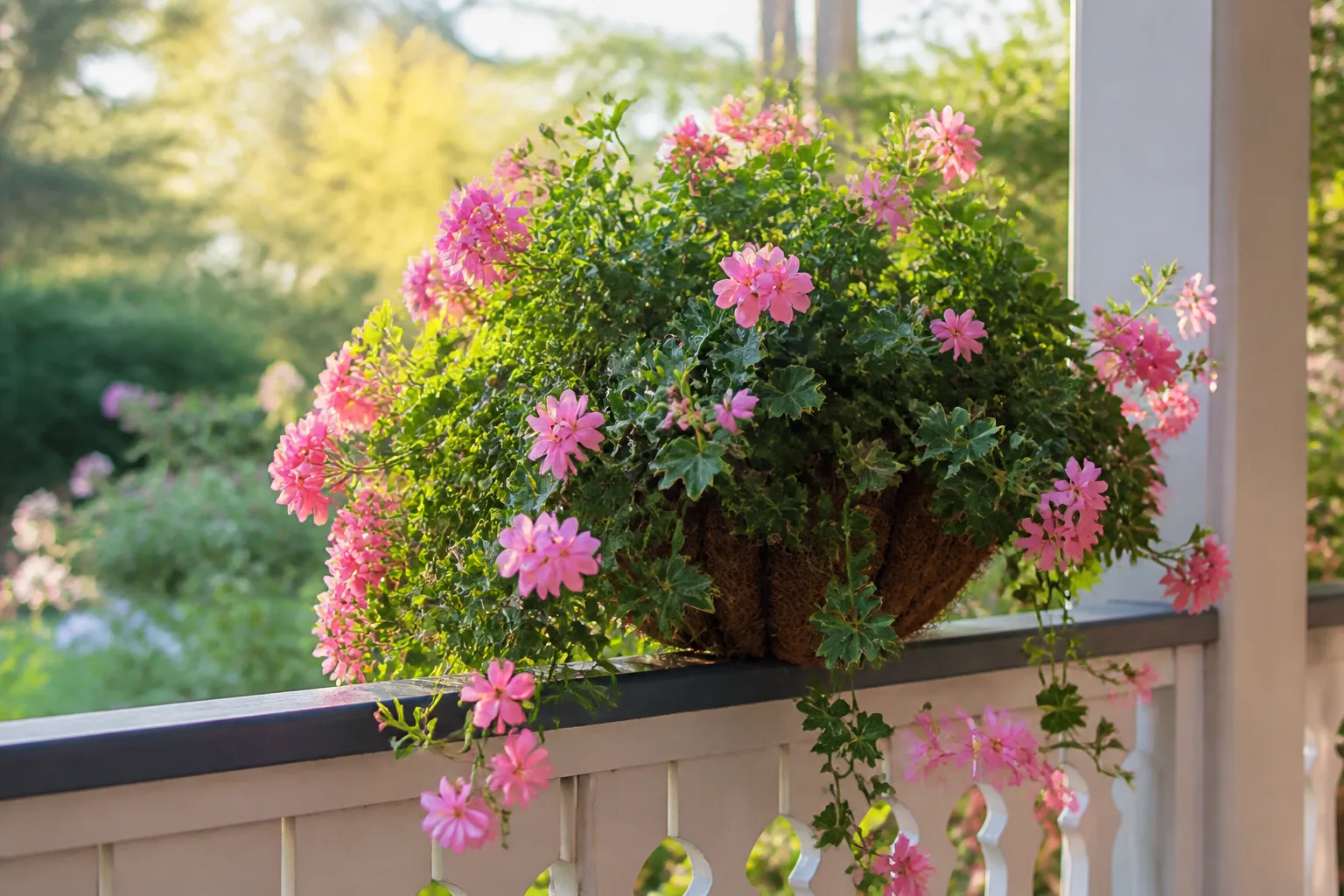 Trailing annual flowers in a sunny hanging basket on a porch