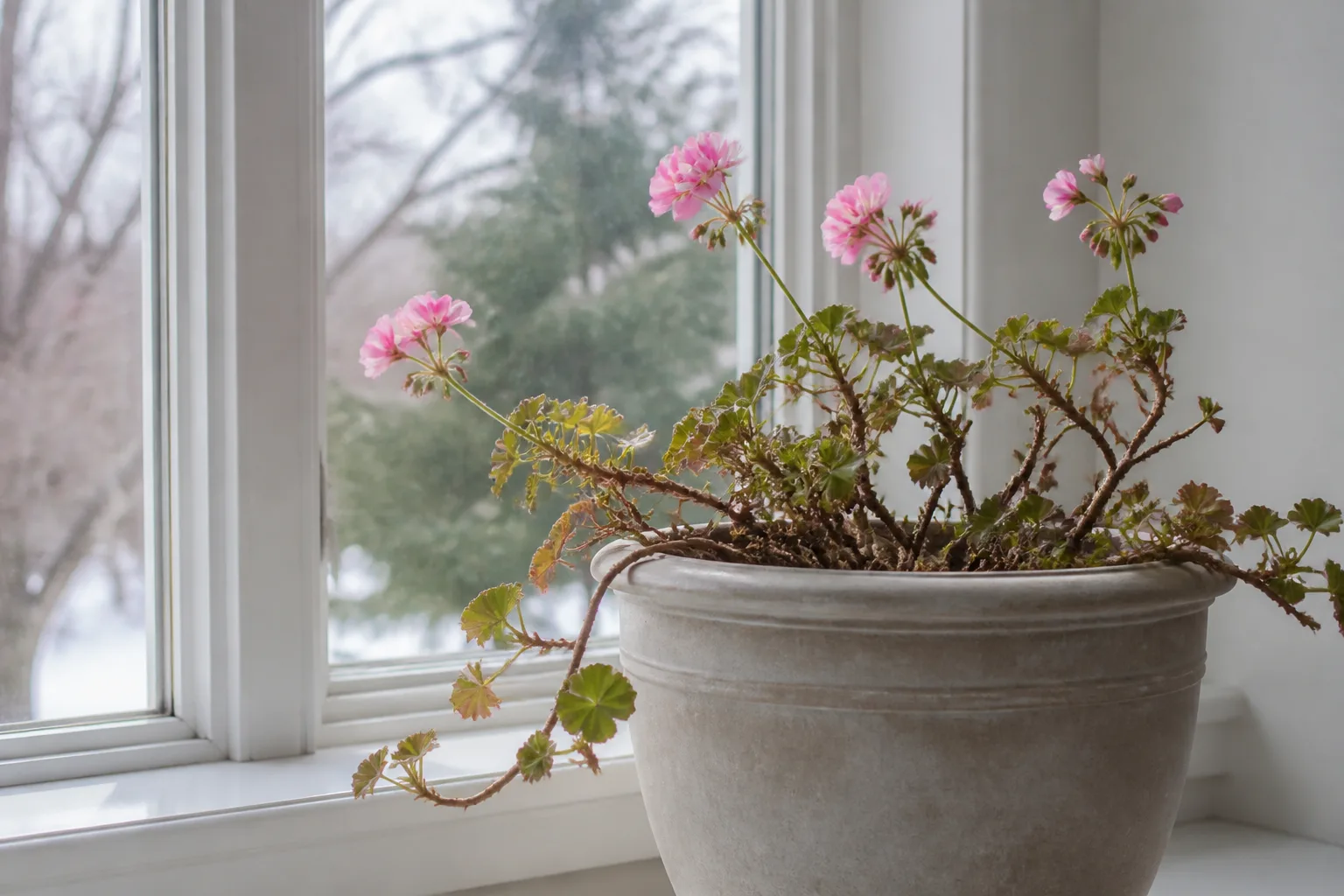 Tropical container plant moved to a sheltered indoor spot for winter storage