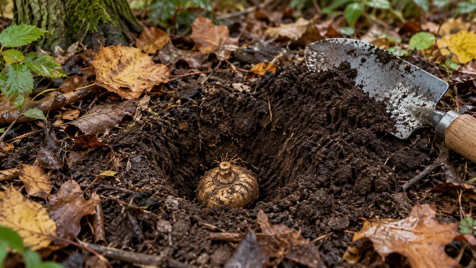 A Jack-in-the-pulpit corm set in a planting hole beneath woodland leaf litter