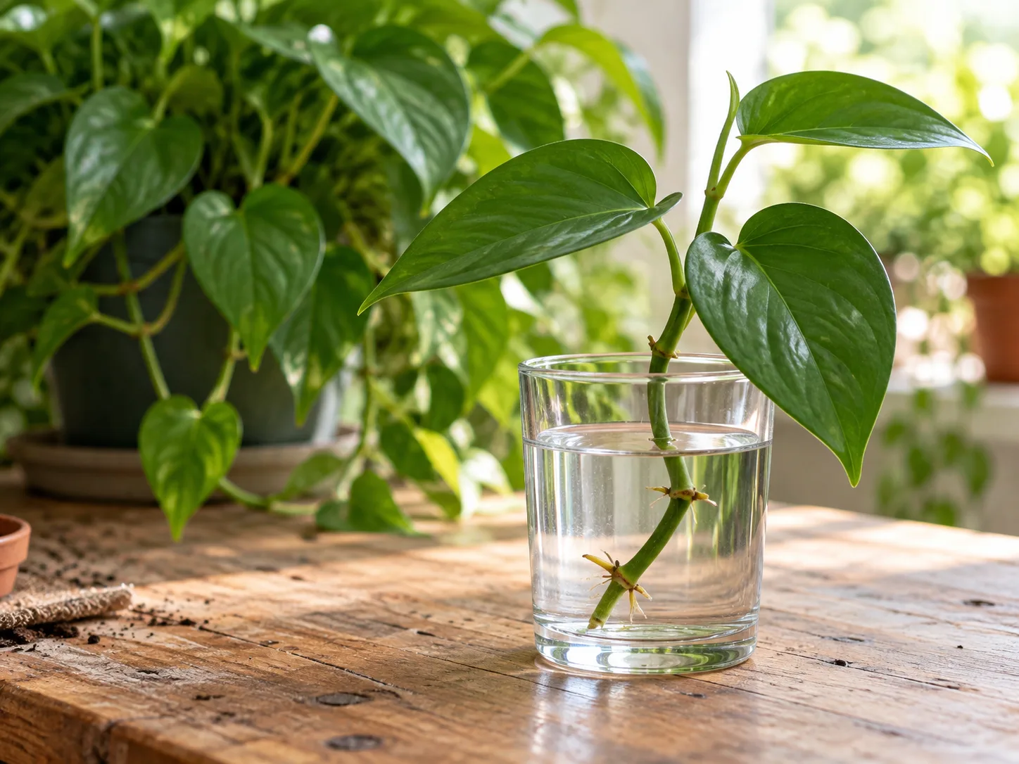 A Jade pothos stem cutting with visible nodes rooting in a glass of water