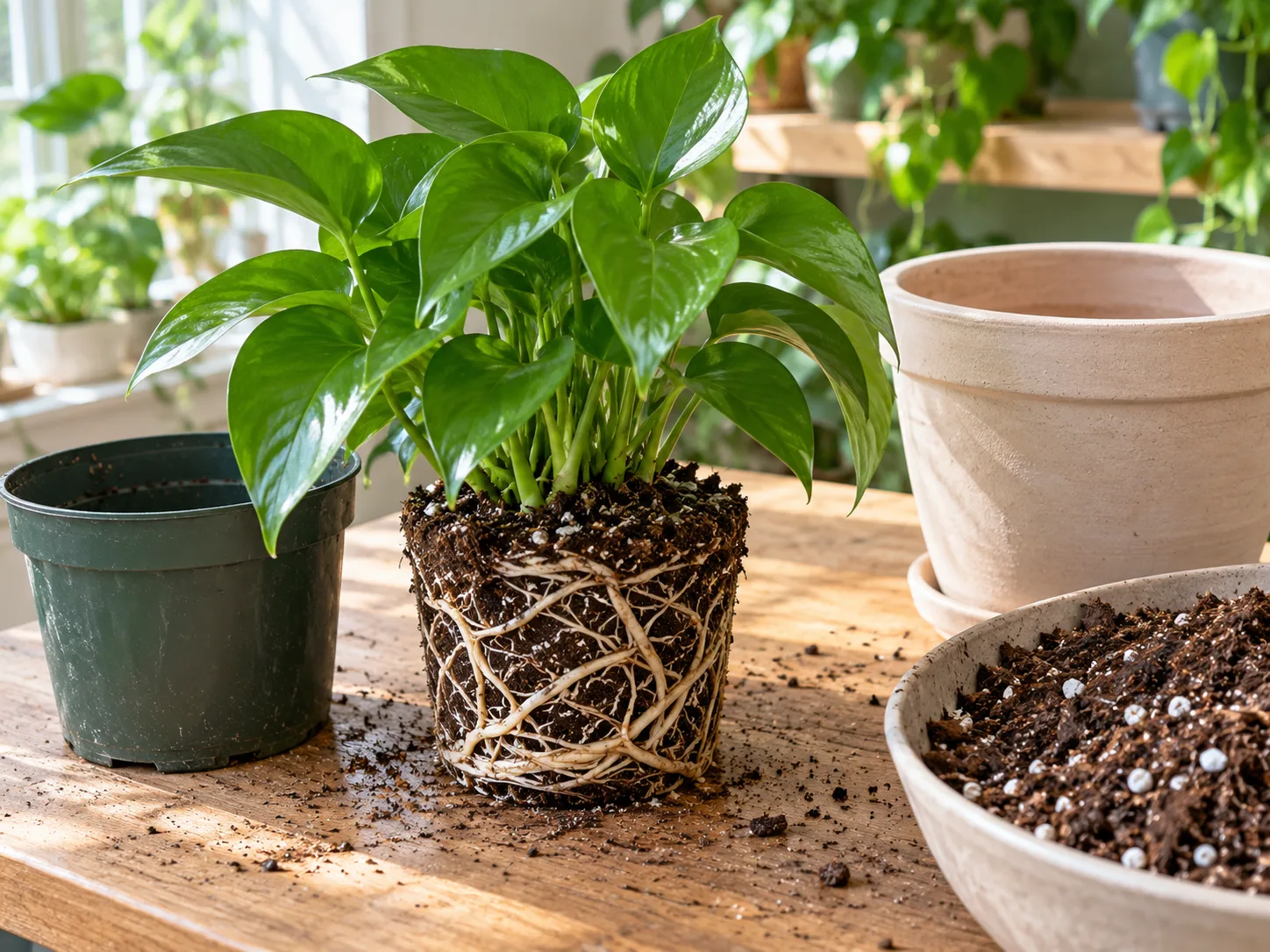 A Jade pothos root ball ready for a slightly larger pot with drainage