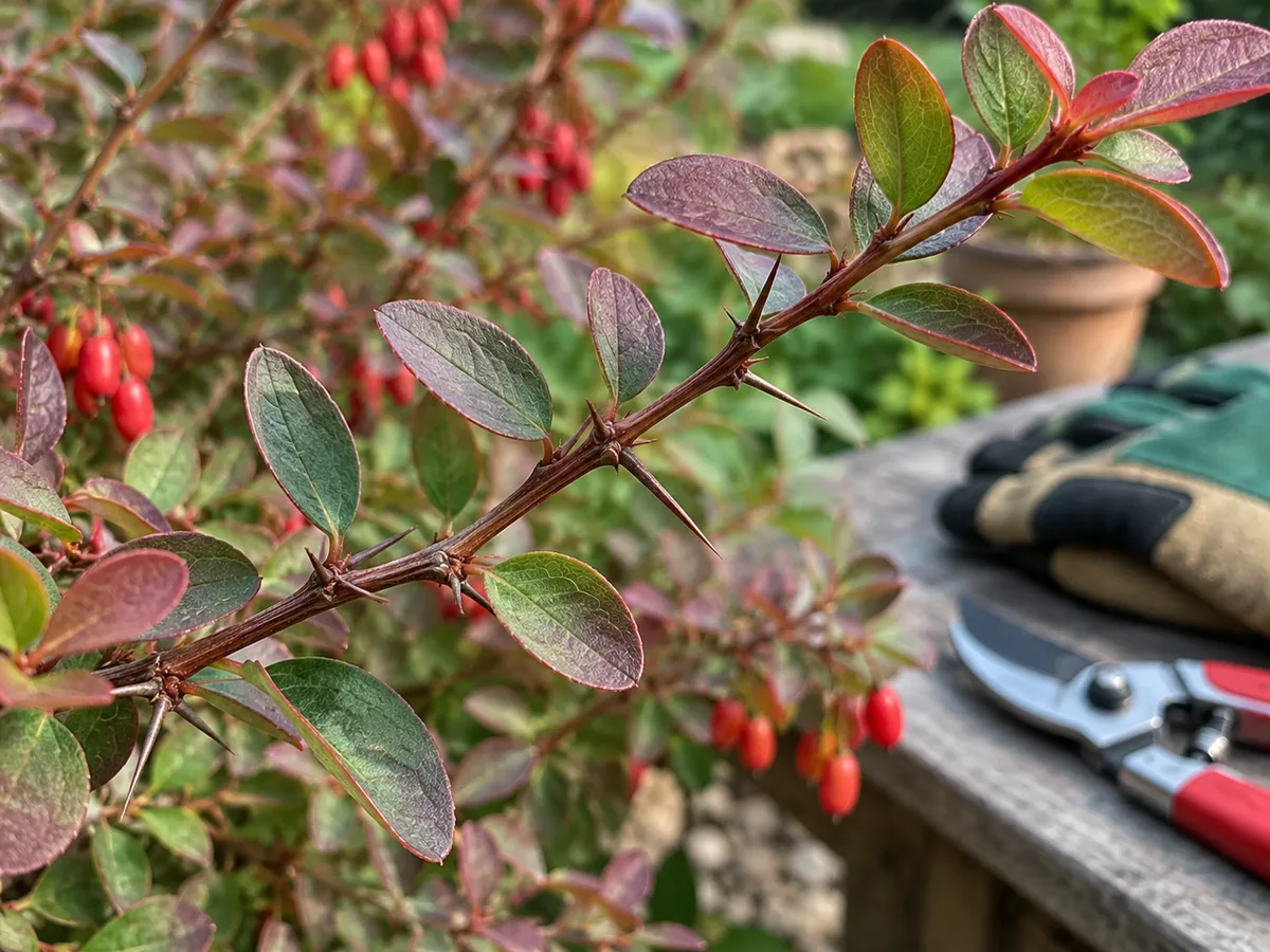 Japanese barberry stem showing sharp spines at the nodes beside protective gloves and pruning shears.