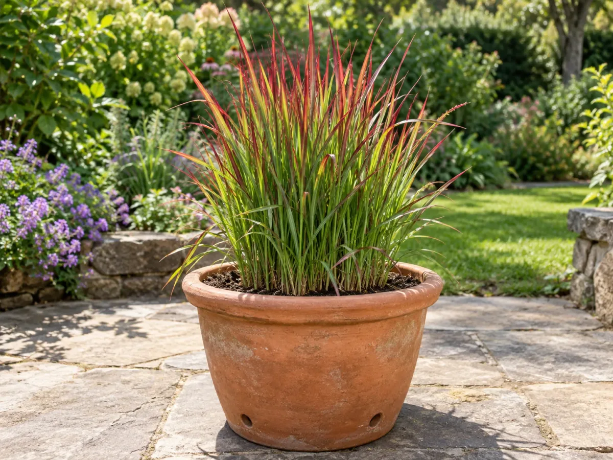 Japanese blood grass ‘Red Baron’ growing in a drained outdoor container on a patio