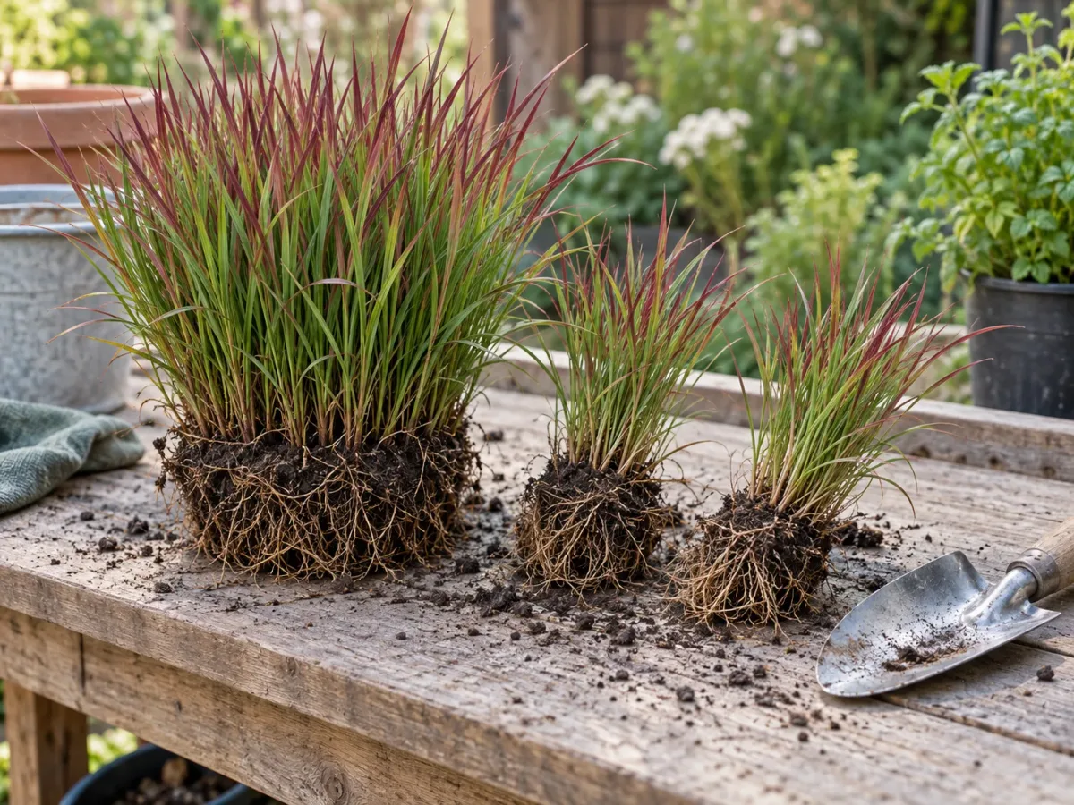 Japanese blood grass divided into compact rooted sections for spring propagation