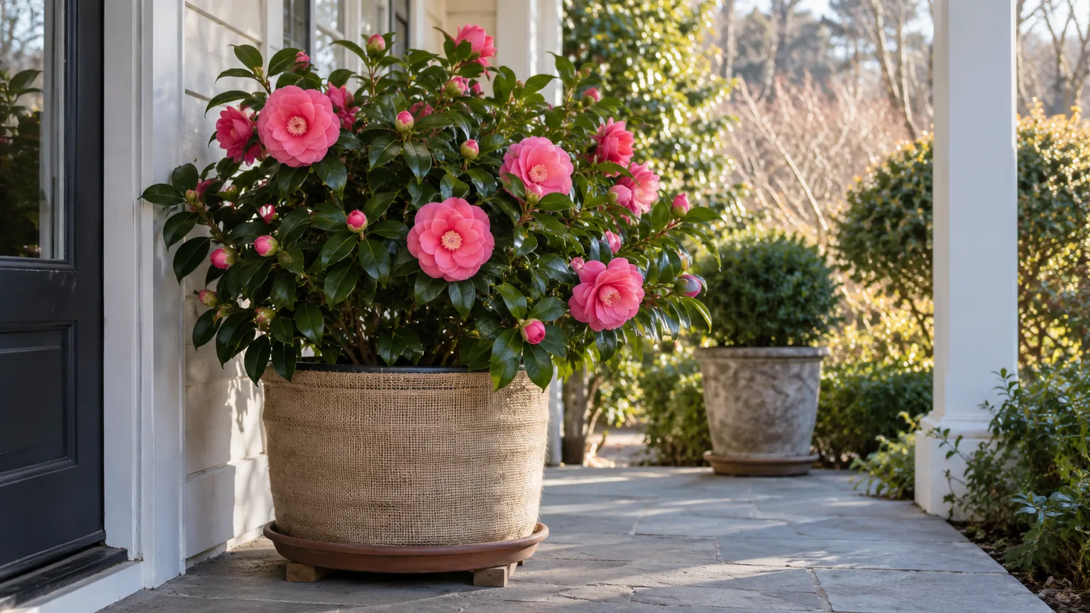 Japanese camellia in a large, well-drained pot on a sheltered, cool porch