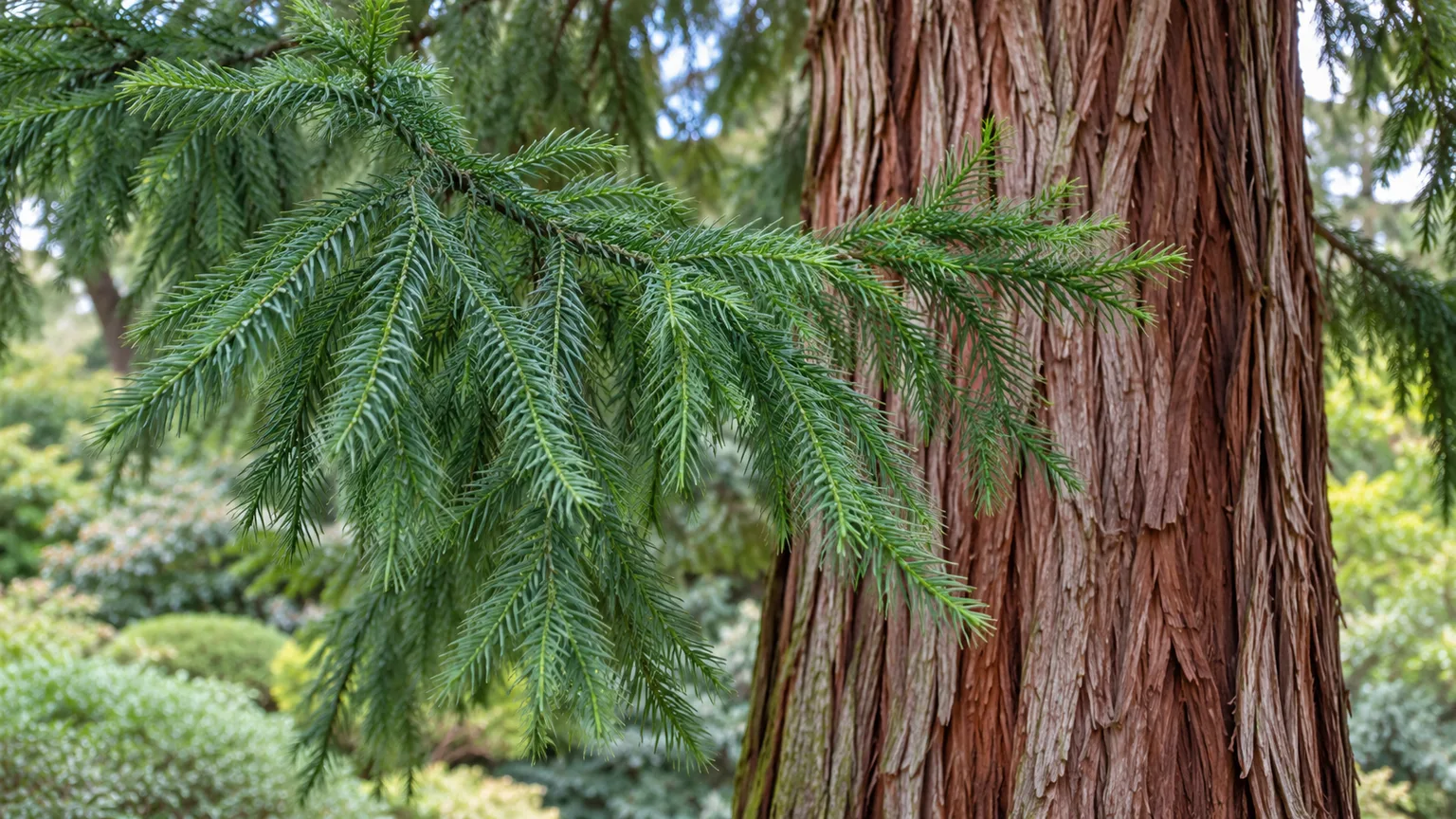 Japanese cedar foliage and fibrous reddish-brown bark help distinguish Cryptomeria japonica from true cedars.