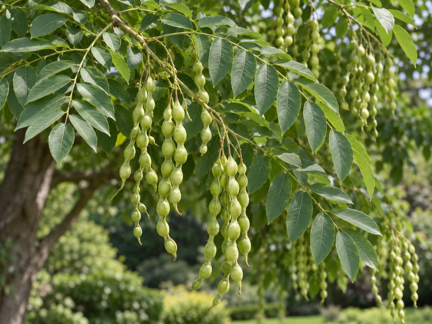 Beadlike green seedpods and pinnate leaves on a Japanese pagoda tree branch