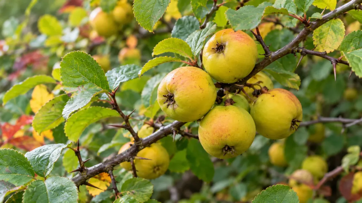 Small yellow-green, apple-like Japanese quince fruits among serrated leaves and thorny branches
