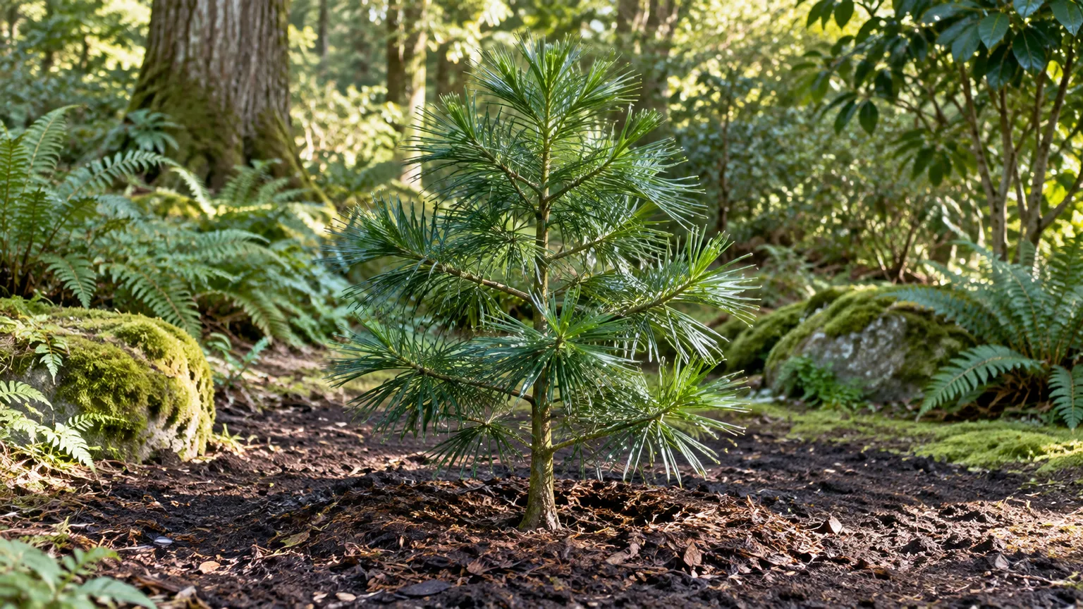 A young Japanese umbrella pine planted in a sheltered, moist garden bed with mulch clear of its trunk