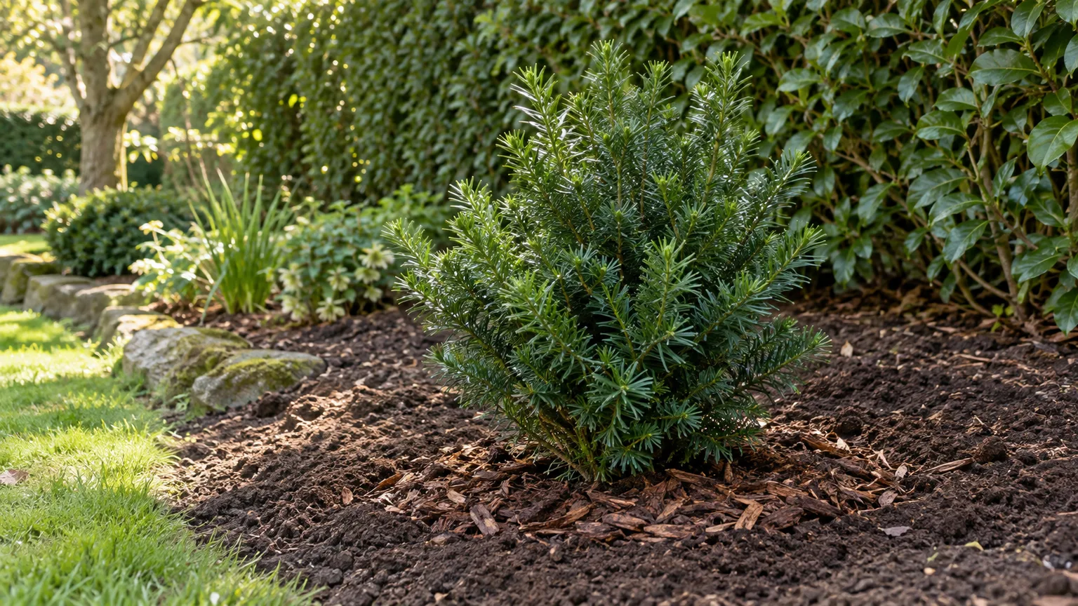 A young yew planted in loose, well-drained soil beneath filtered garden light
