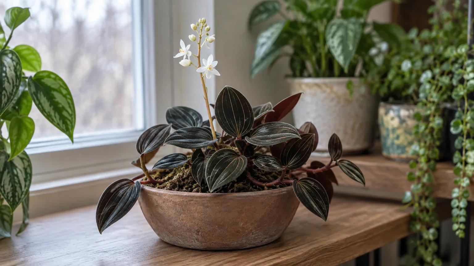 A jewel orchid with a modest white flower spike in a softly lit indoor plant corner