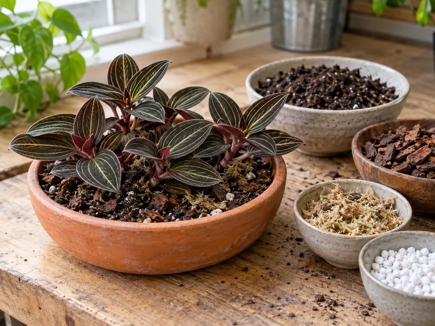 A jewel orchid in a wide shallow pot beside a moisture-retentive terrestrial orchid mix