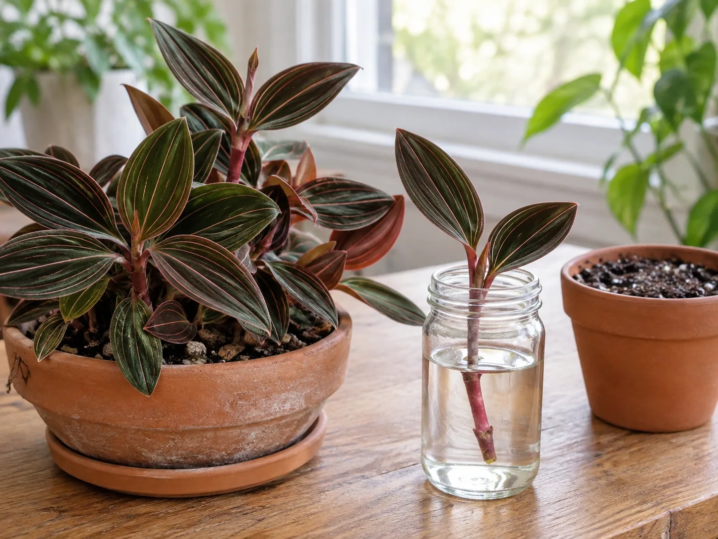 A healthy jewel orchid beside a glass jar holding a node-bearing stem cutting in water