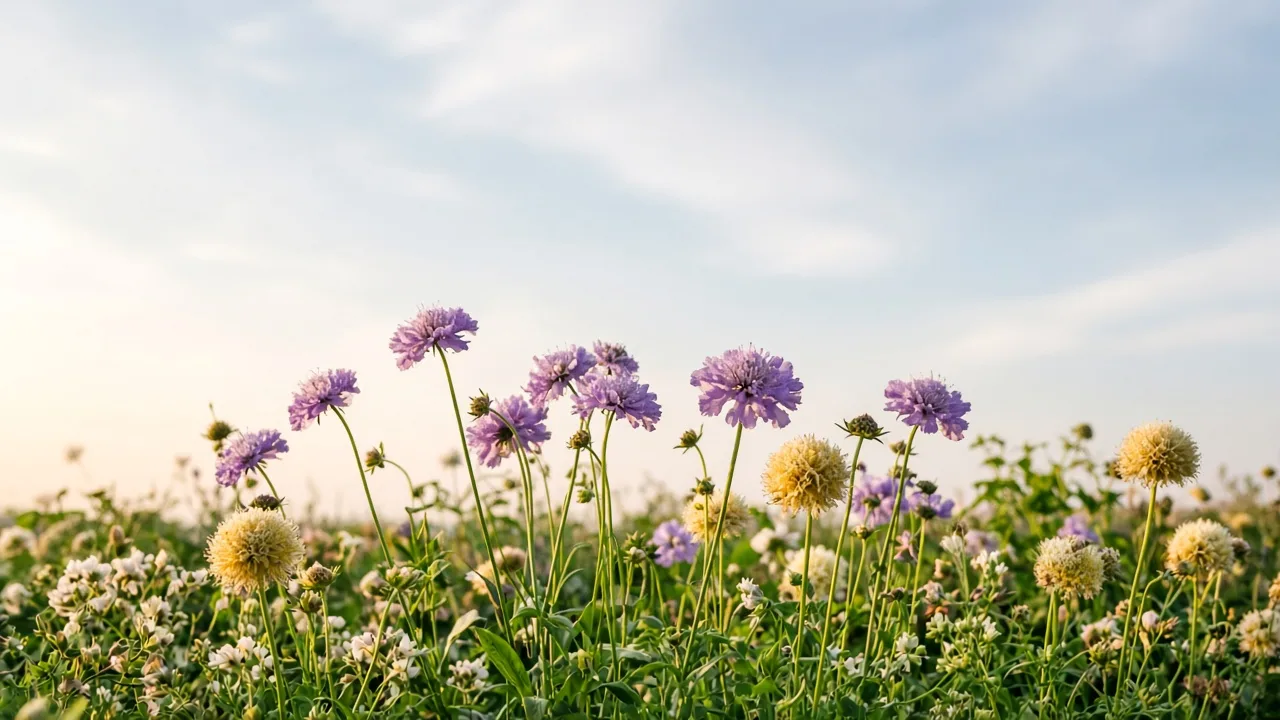 Fata Morgana scabiosa with creamy apricot blooms in a sunny cottage garden