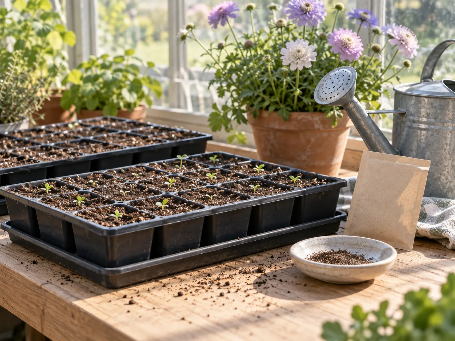 Fata Morgana scabiosa seedlings started in a tray