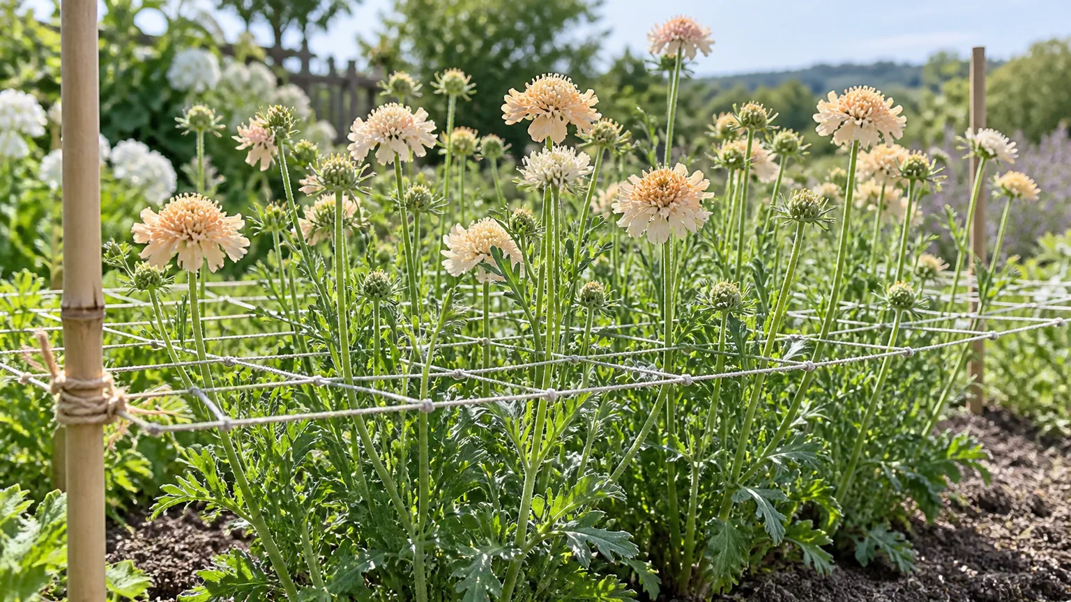 Flower stems growing through horizontal support netting in a garden bed