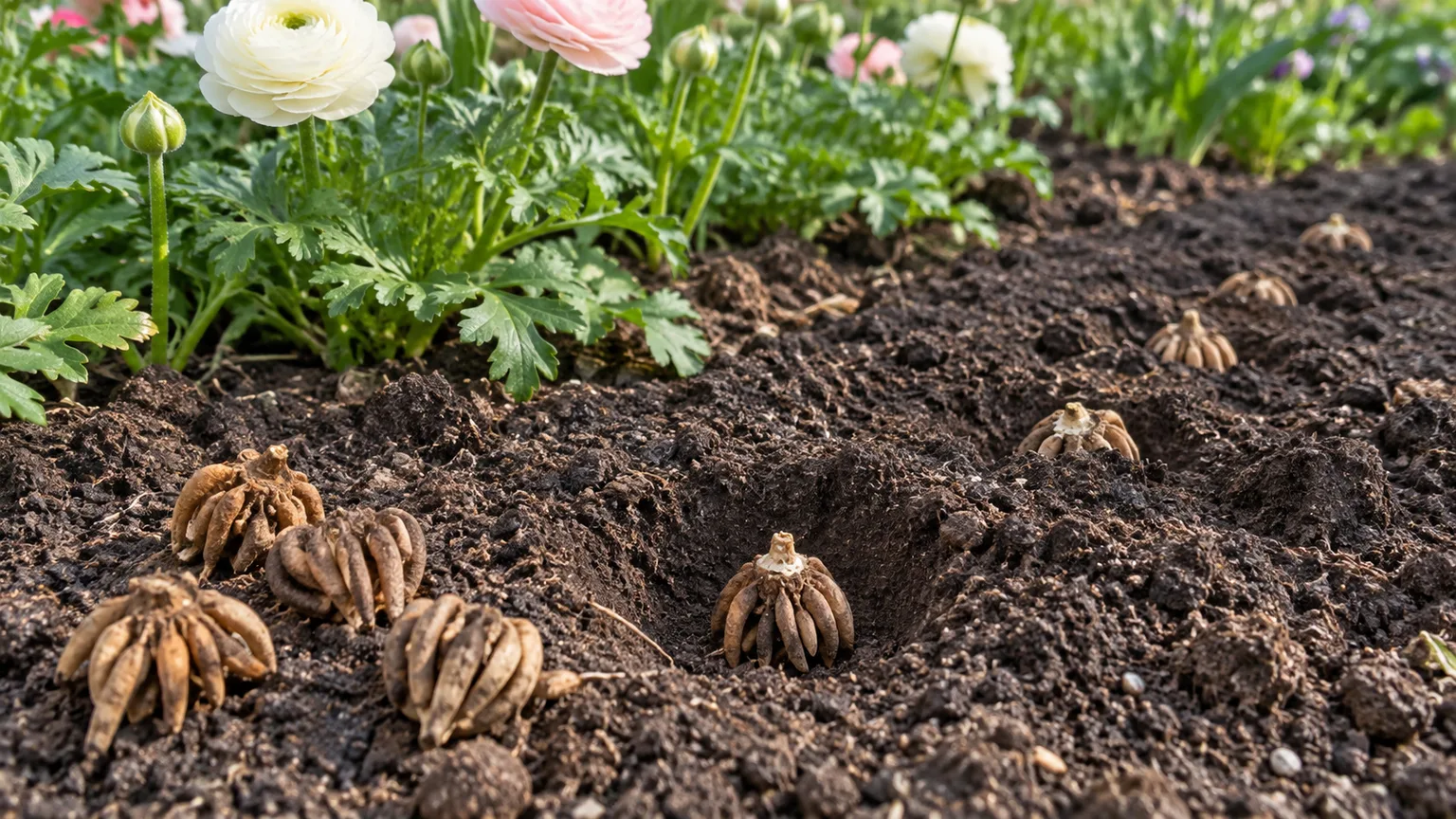 Ranunculus corms set in a prepared garden bed with their claw-like roots pointing down