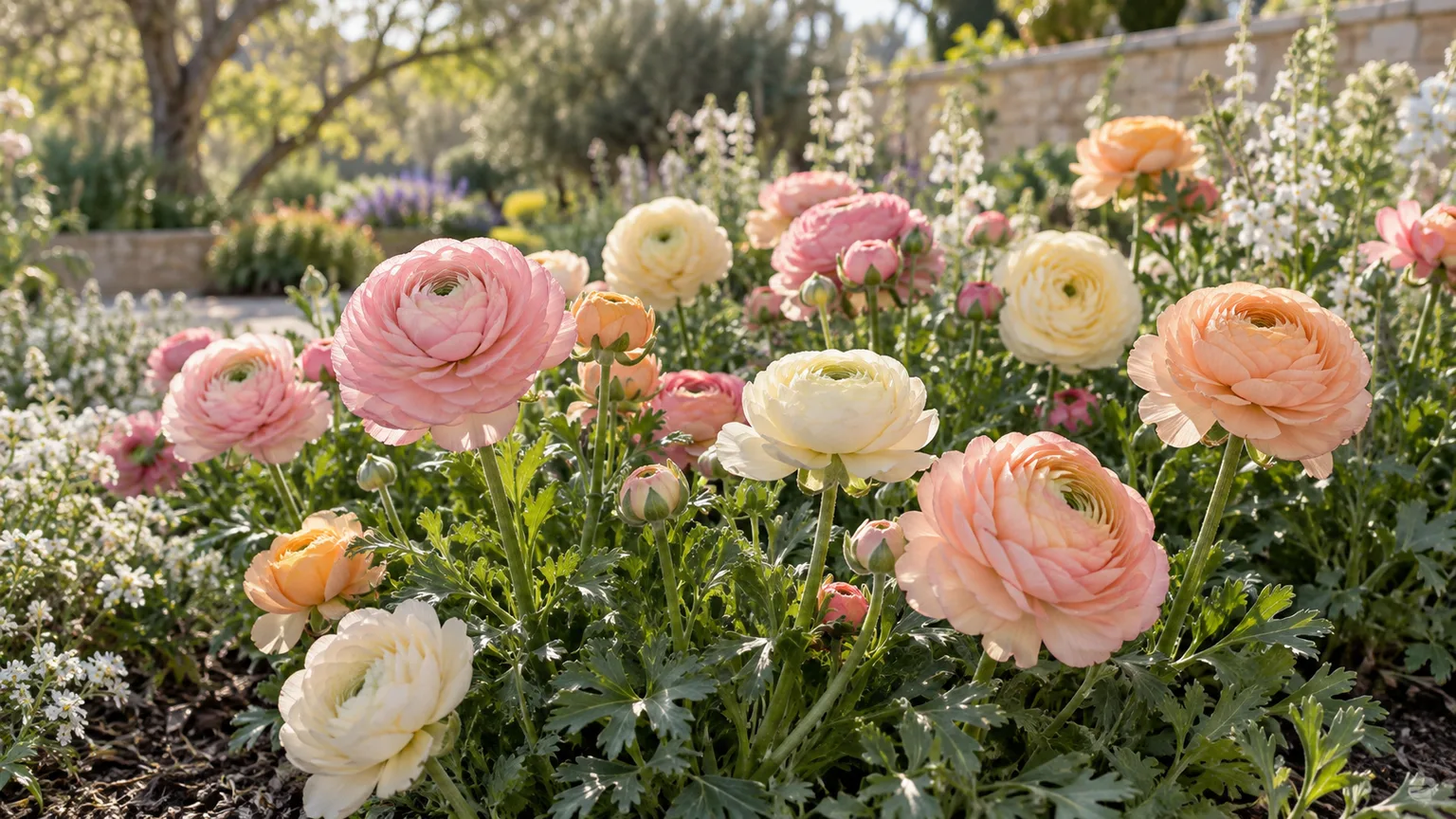 Pastel ranunculus flowers blooming in a spring garden bed