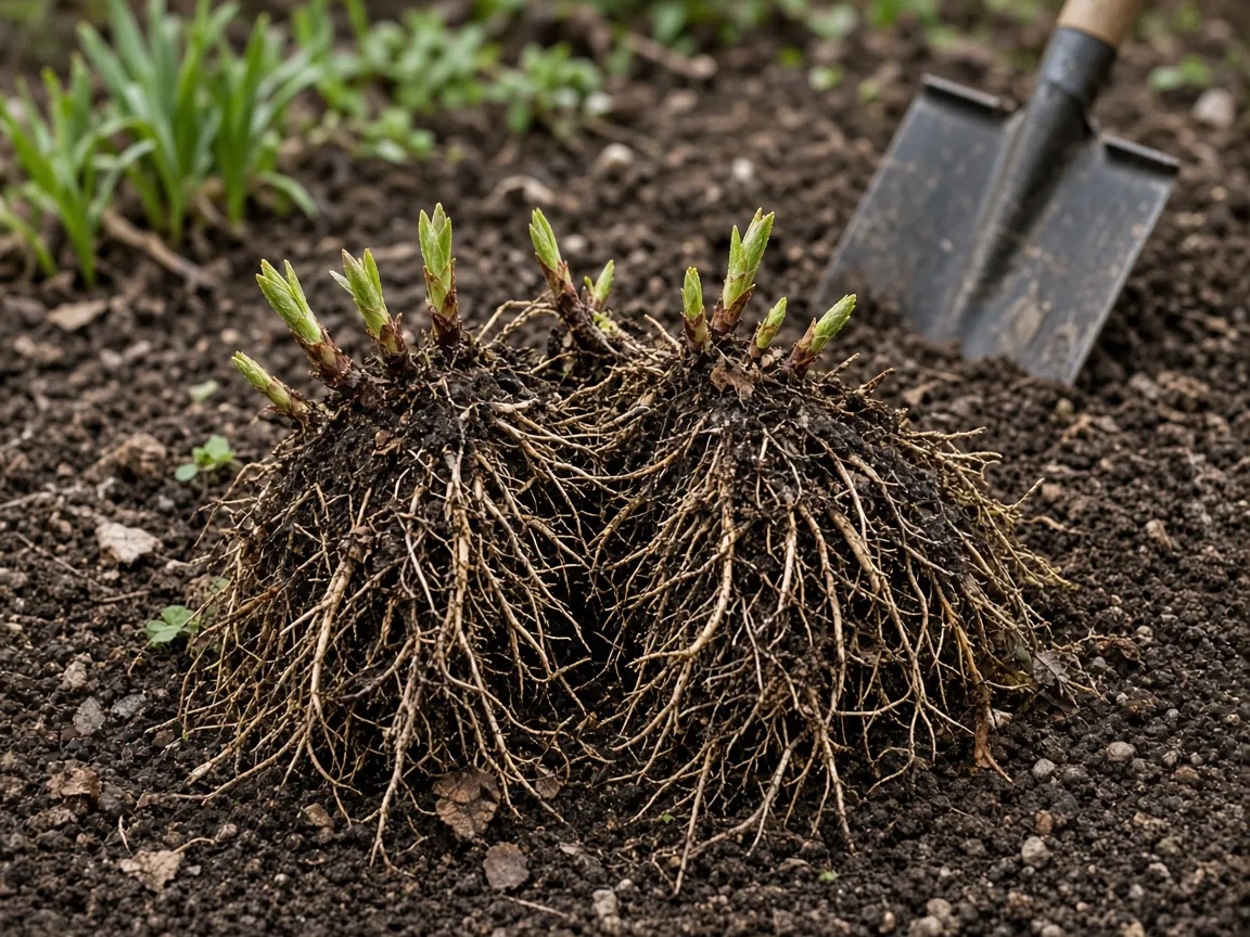 Freshly lifted Joe Pye weed clump showing fibrous roots ready for spring division