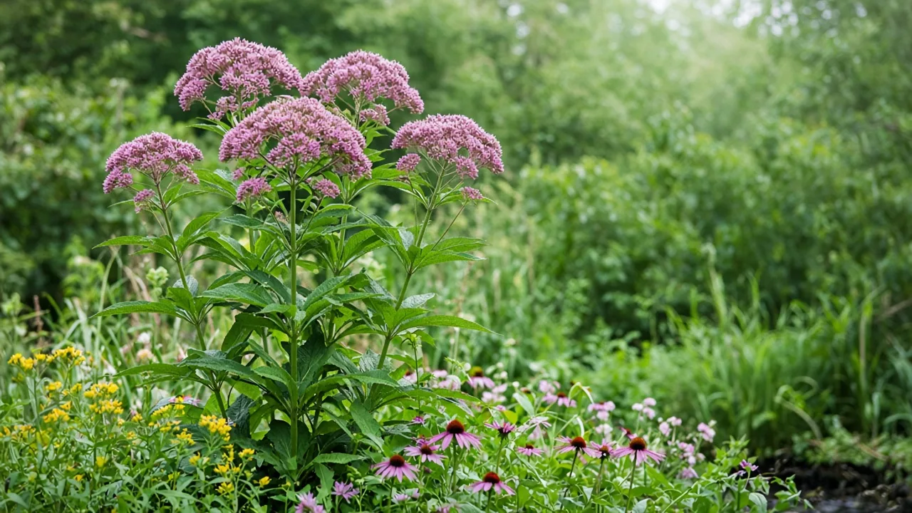 Tall Joe Pye weed in full late-summer bloom with dusty pink-purple flower domes in a native pollinator garden