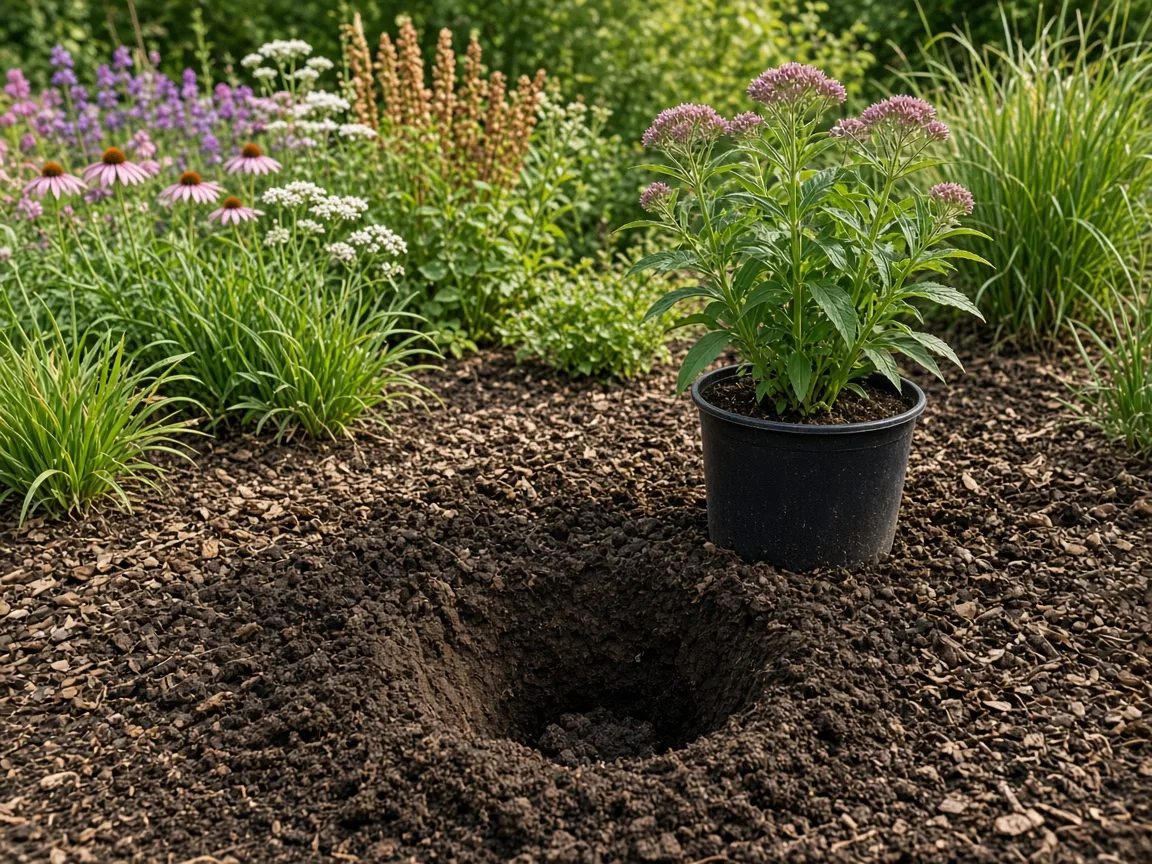 Joe Pye weed set at the back of a moist perennial border with rich soil and mulch