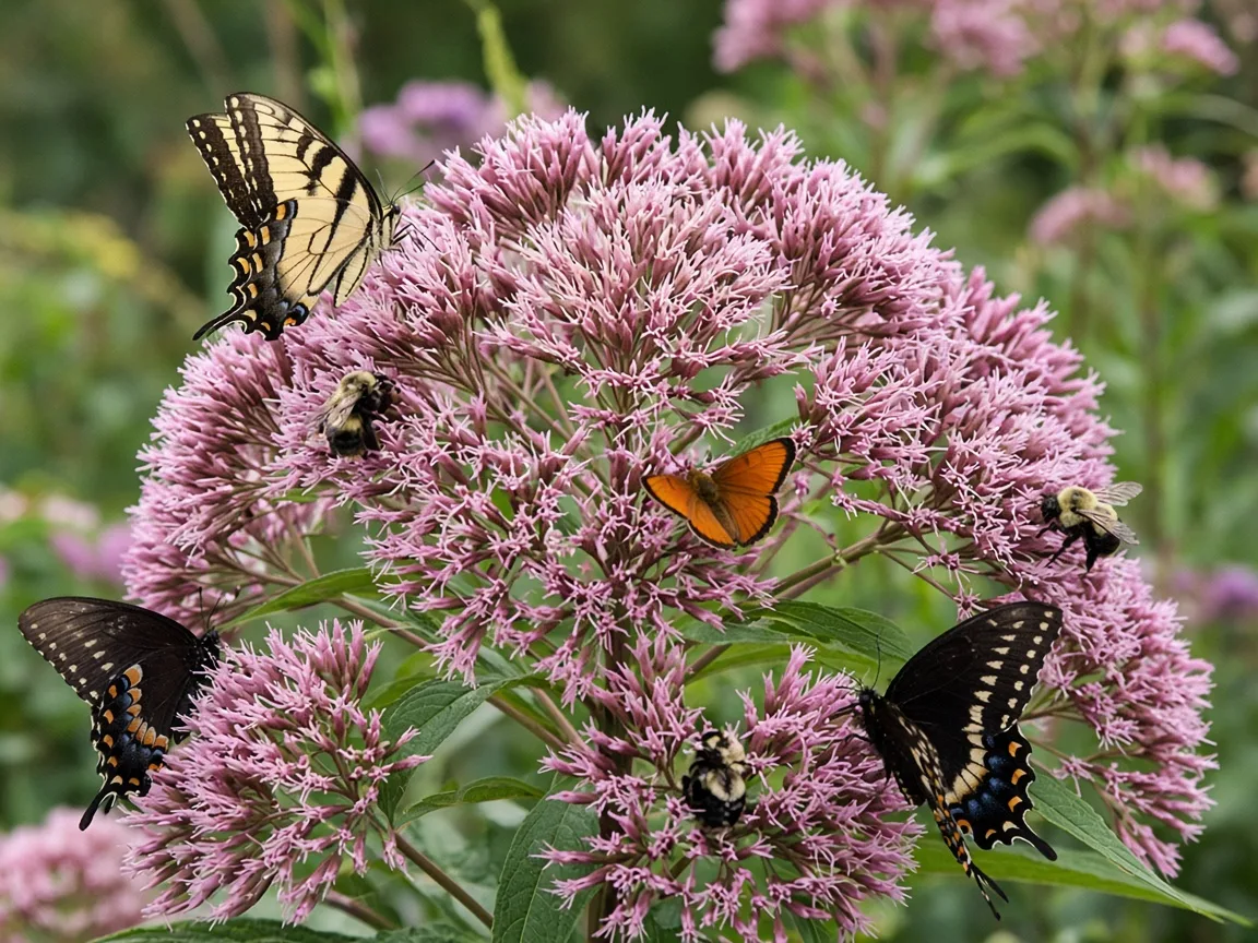 Butterflies and bees visiting Joe Pye weed flower domes in late summer