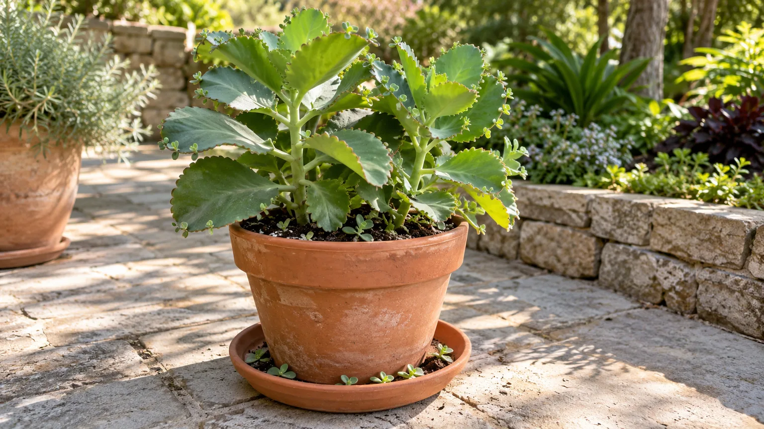 Kalanchoe pinnata growing in a terracotta container on a patio, with plantlets contained above a paved surface